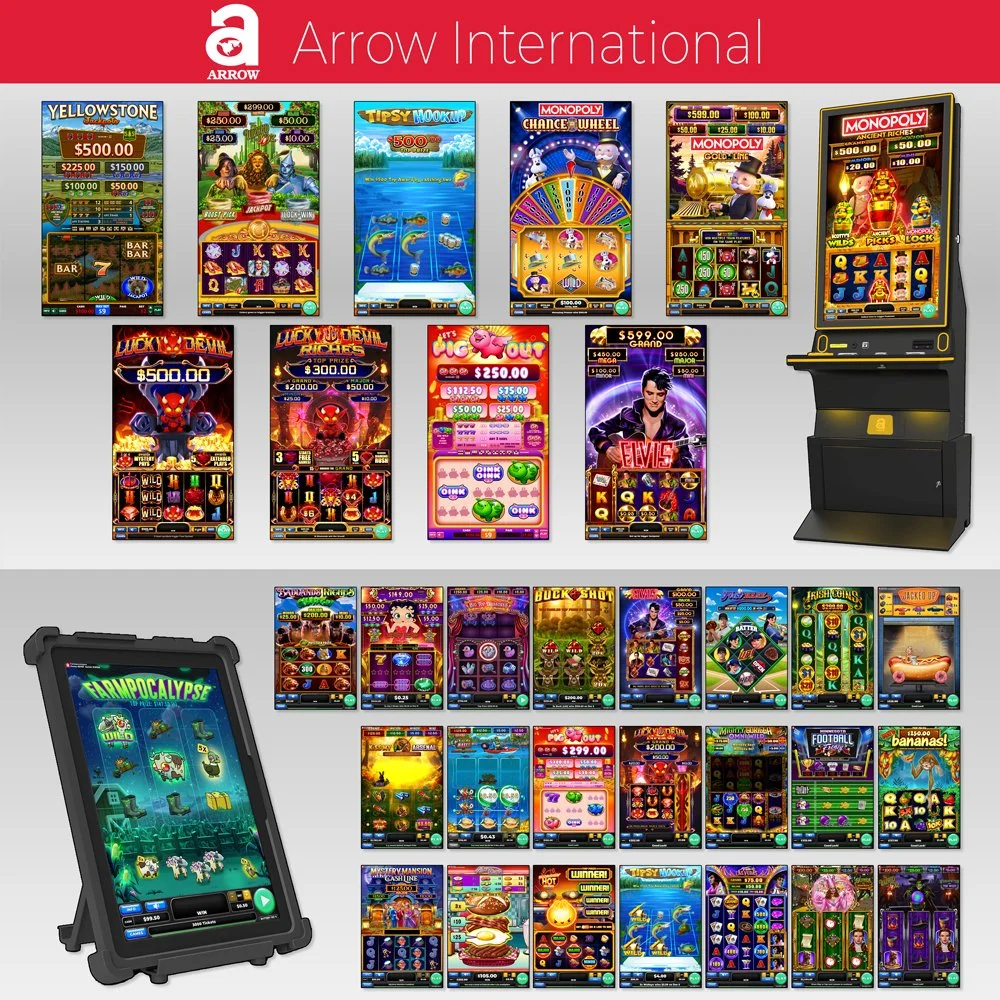 Collection of various electronic gambling and slot machines, including a standalone device and multiple screens displaying different slot game themes and graphics, with branding for Arrow International.