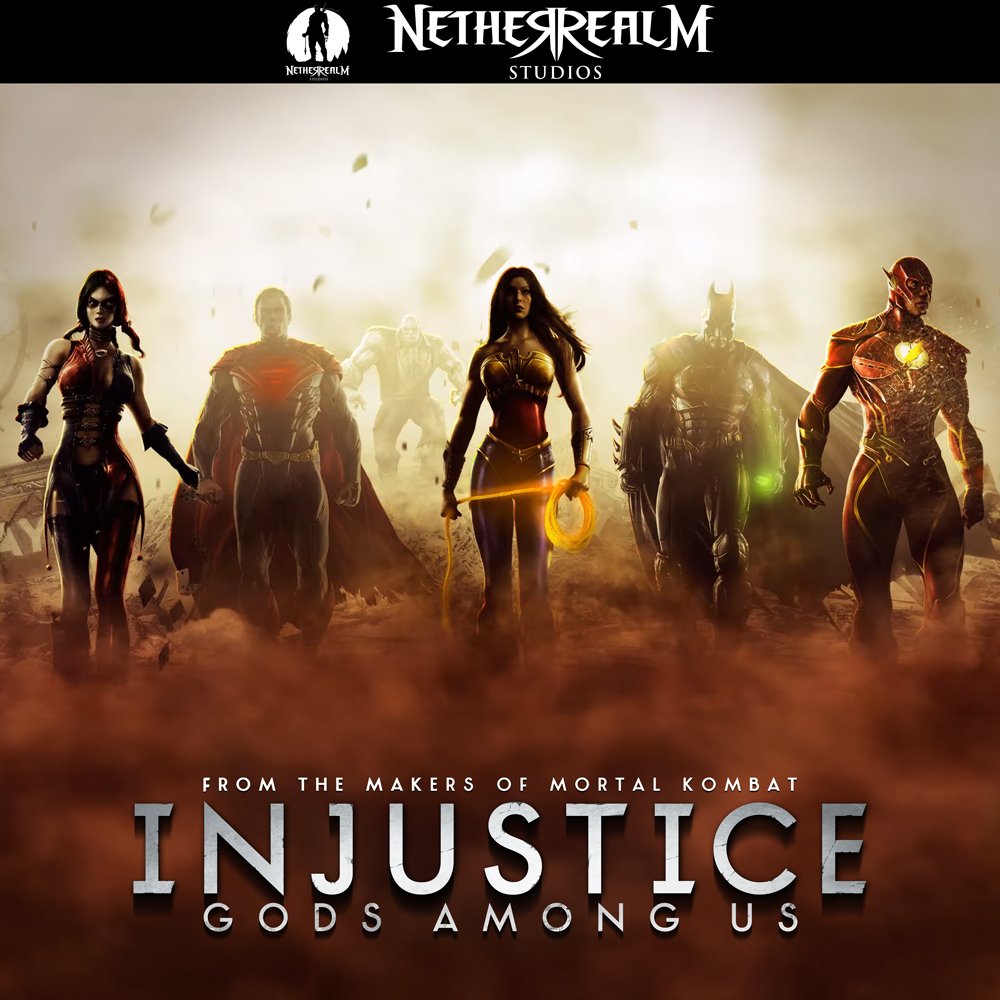 Group of six fictional superhero characters from the video game Injustice: Gods Among Us, standing on a smoky battlefield. The characters include female and male supervillains and superheroes in elaborate costumes, with a dark, intense atmosphere.