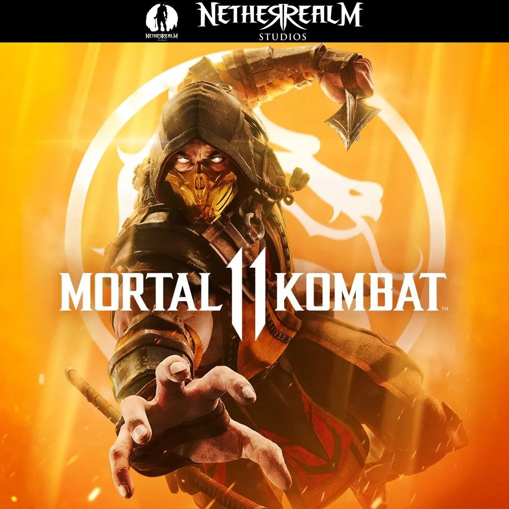 A promotional poster for the video game Mortal Kombat 11 showing a character in a hooded outfit with a deadly mask and glowing eyes, holding a weapon with a dragon symbol in the background and the NetherRealm Studios logo at the top.