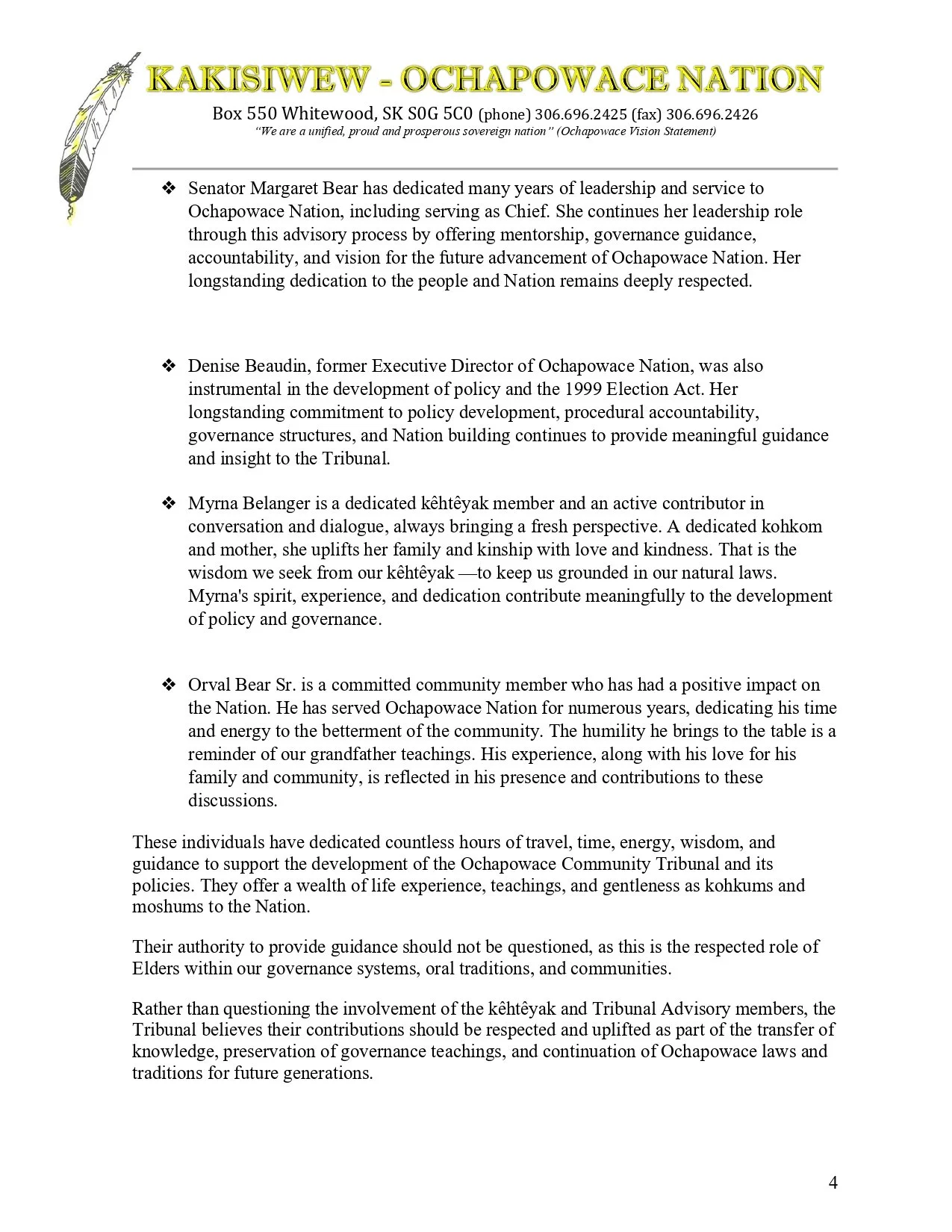 Document titled 'KAKISIWEW - OCHAPOWACE NATION' describing the roles and contributions of notable community members, including Senator Margaret Bear, Denise Beaudin, Myrna Belanger, and Orval Bear Sr., with a feather graphic on the top left corner.