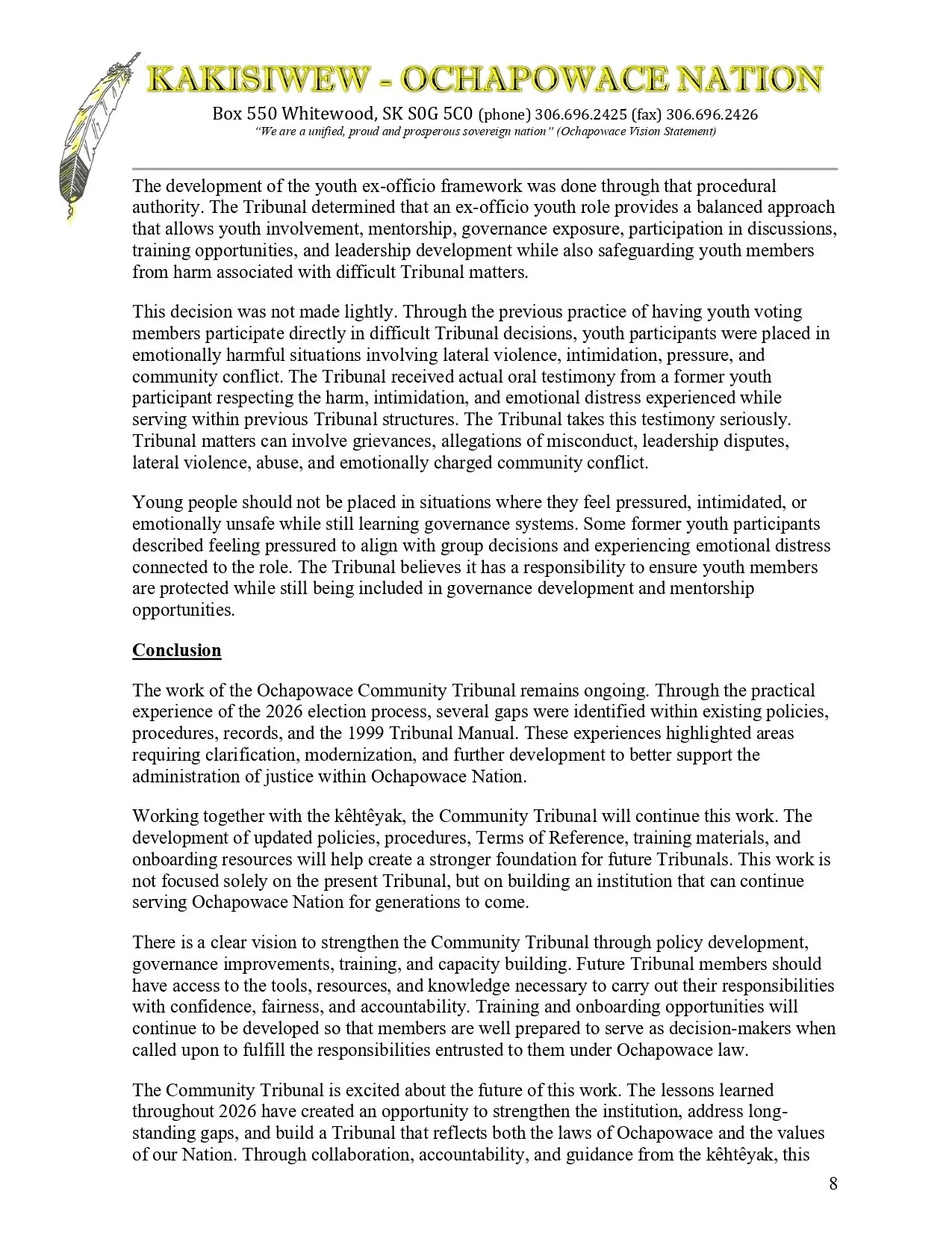 A document titled 'KAKISIWEW - OCHAPOWACE NATION' with the subtitle 'We are a unified, proud and prosperous sovereign nation' and a feather graphic on the top left corner. The document contains text about the development of youth ex-officio framework, tribal decisions, and governance issues related to the Ochapowace Nation.