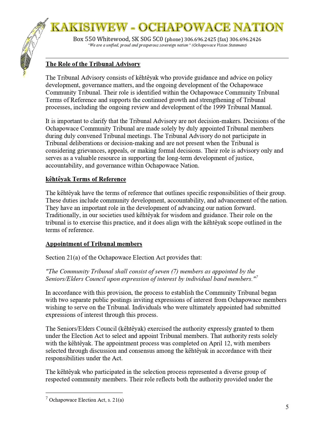 Document titled 'KAKISIWEW - OCHAPOWACE NATION' discussing the role and responsibilities of the community tribunal, appointment of tribunal members, and related policies.
