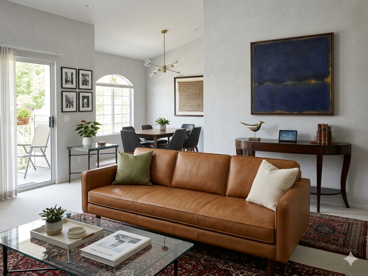 Downsized living room with a client's leather sofa,  coffee table with plants and books, artwork on the walls, and a dining area with a round table and black chairs near a window and sliding door leading to a balcony. Used most of clients furniture.