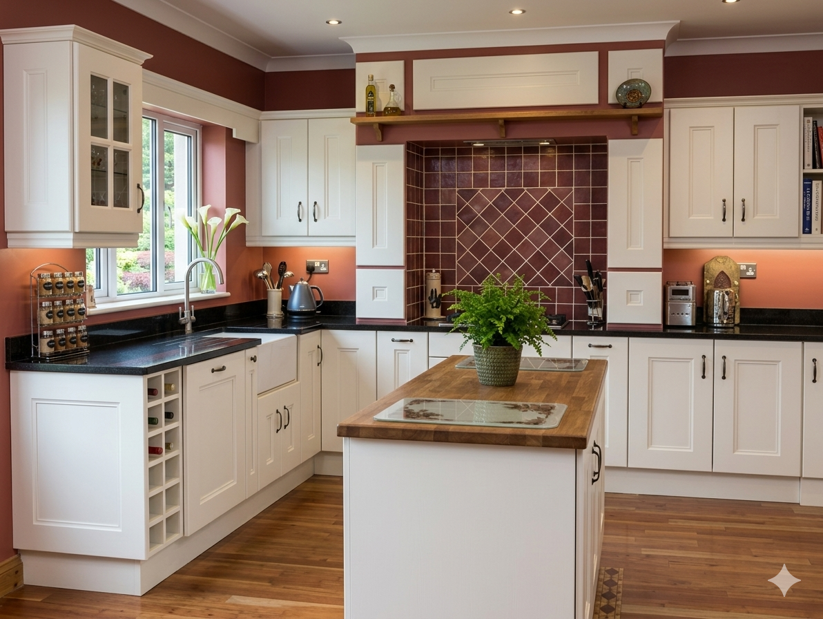 A kitchen with white cabinets, a small island with a wooden top, granite countertops, and a terracotta tile backsplash. Fully accessible kitchen with island includes traditional mantle surrounding cooktop.