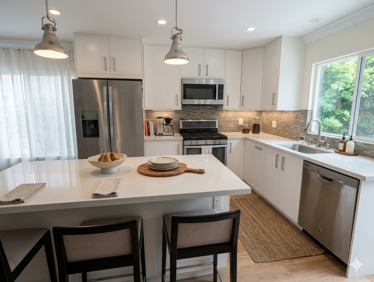 Modern kitchen with white cabinets, stainless steel refrigerator, oven, microwave, and dishwasher. Central island with four chairs, pendant lights, and a window overlooking greenery.