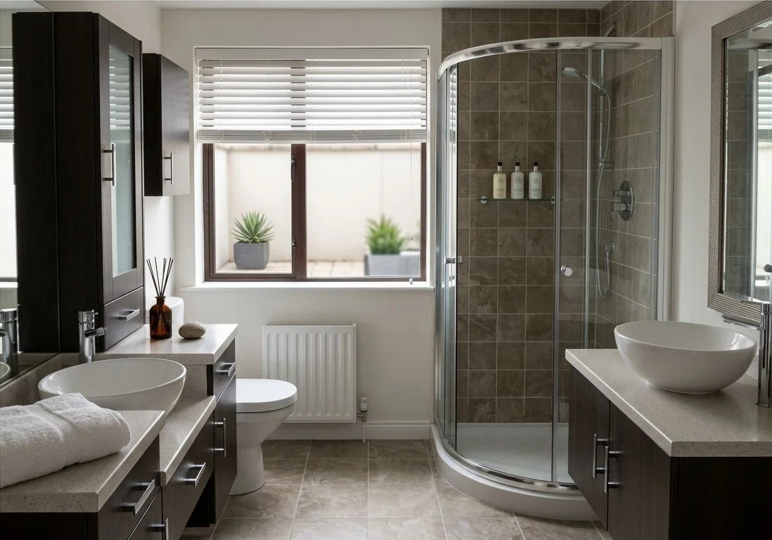 Modern bathroom featuring a shower enclosure with tiles, a white freestanding sink on a dark vanity, a matching tall cabinet, a toilet, a towel on the vanity, a window with blinds, and a mirror. Combined 2 small bathrooms to make luxury spa.