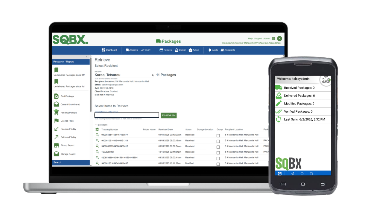 Laptop and smartphone displaying SQBX package tracking and inventory management software with green and blue interfaces.