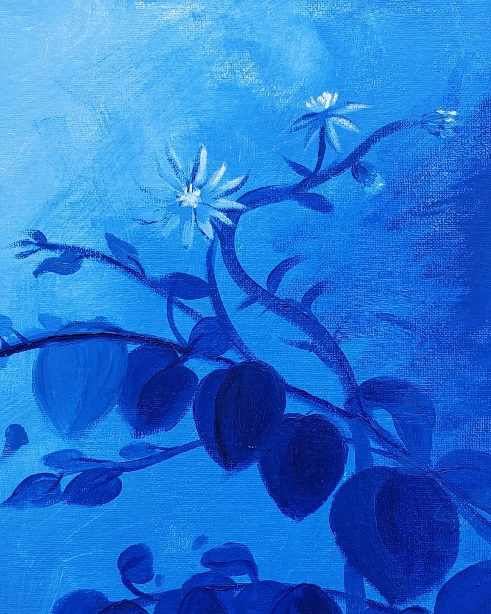 A painting featuring a blue background with a dark blue floral branch, including flowers and leaves, depicted in an abstract style.