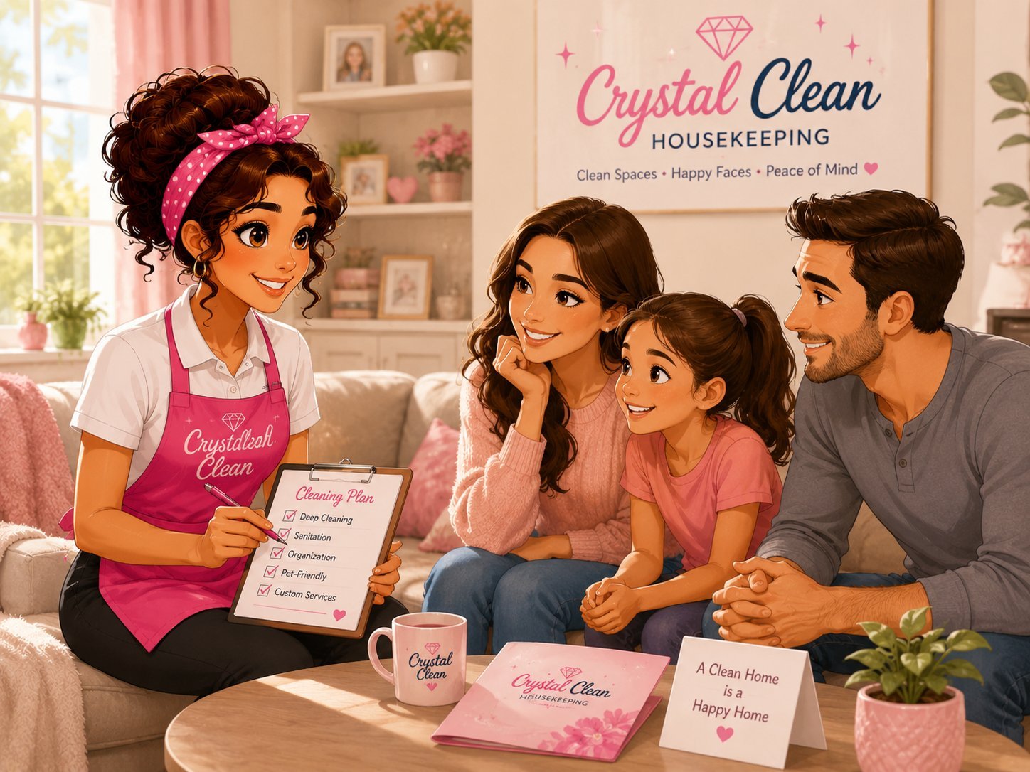 A woman in a pink apron labeled "Crystaldeah Clean" is talking to a family of four sitting on a sofa in a living room. The woman is holding a clipboard with a cleaning plan checklist and a pink mug. The family includes a mother, father, and two daughters, all smiling and listening. A large sign in the background reads "Crystal Clean Housekeeping" with the words "Clean Spaces, Happy Faces, Peace of Mind." The room is decorated with plants, pictures, and pink accents.