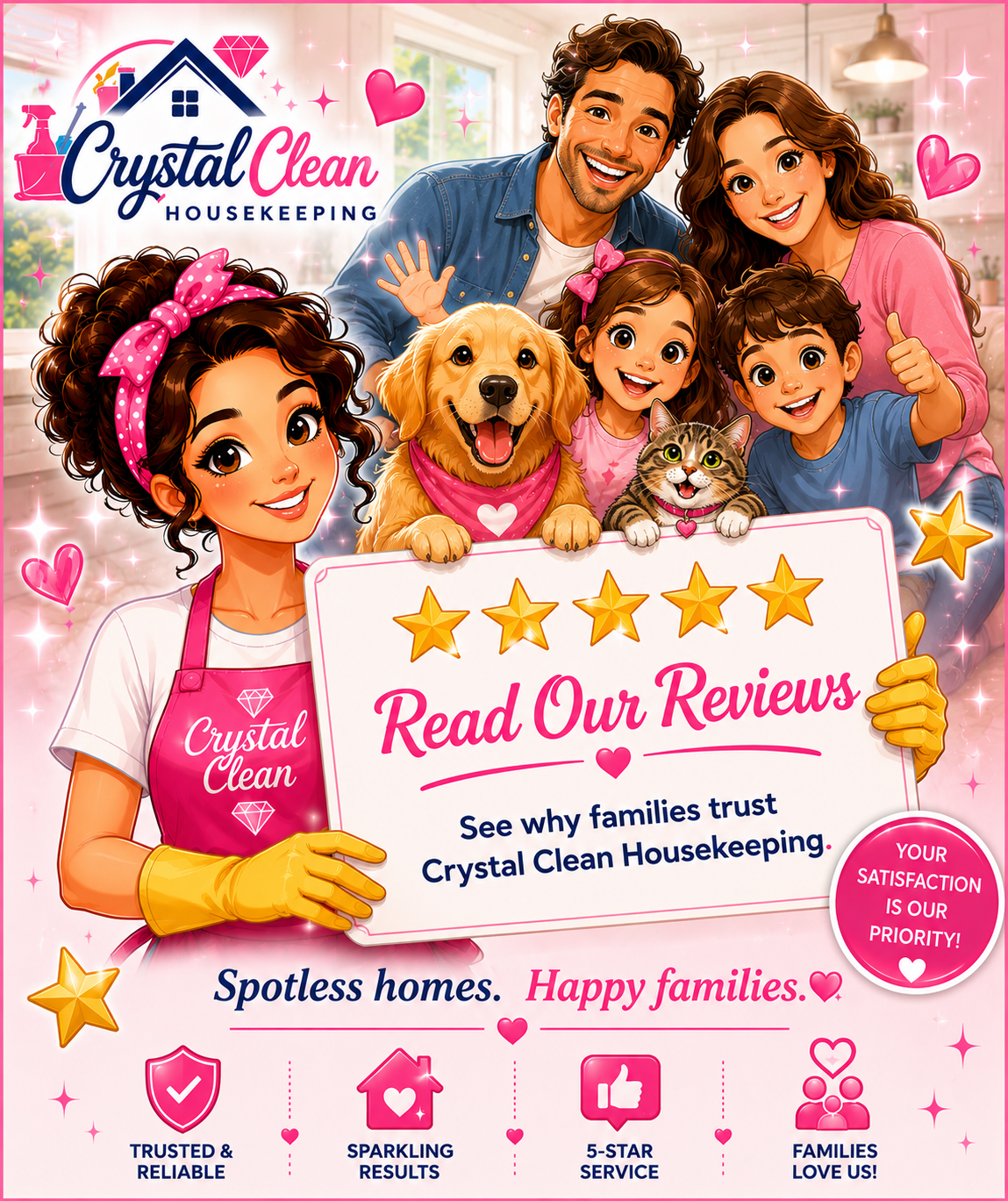 Illustration of a happy, diverse family with two children, a dog, and a cat, holding a sign for Crystal Clean Housekeeping. The background features pink hearts and sparkles, promoting house cleaning reviews and satisfaction.
