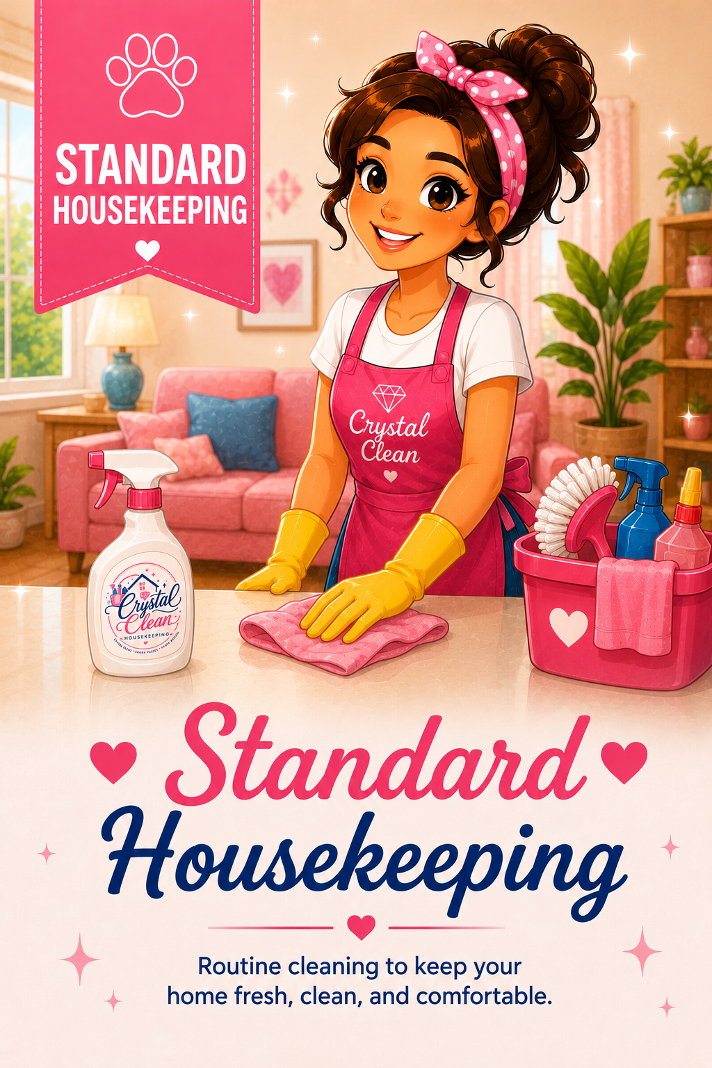 A cartoon woman wearing yellow cleaning gloves and a pink apron labeled "Crystal Clean Housekeeping" is cleaning a countertop with a cloth. She has brown hair tied up with a pink spotted headband. There is a pink bucket filled with cleaning supplies on the counter. The background shows a cozy living room with pink sofa, blue pillow, potted plants, and framed pictures. The text on the image reads "Standard Housekeeping" and "Routine cleaning to keep your home fresh, clean, and comfortable."