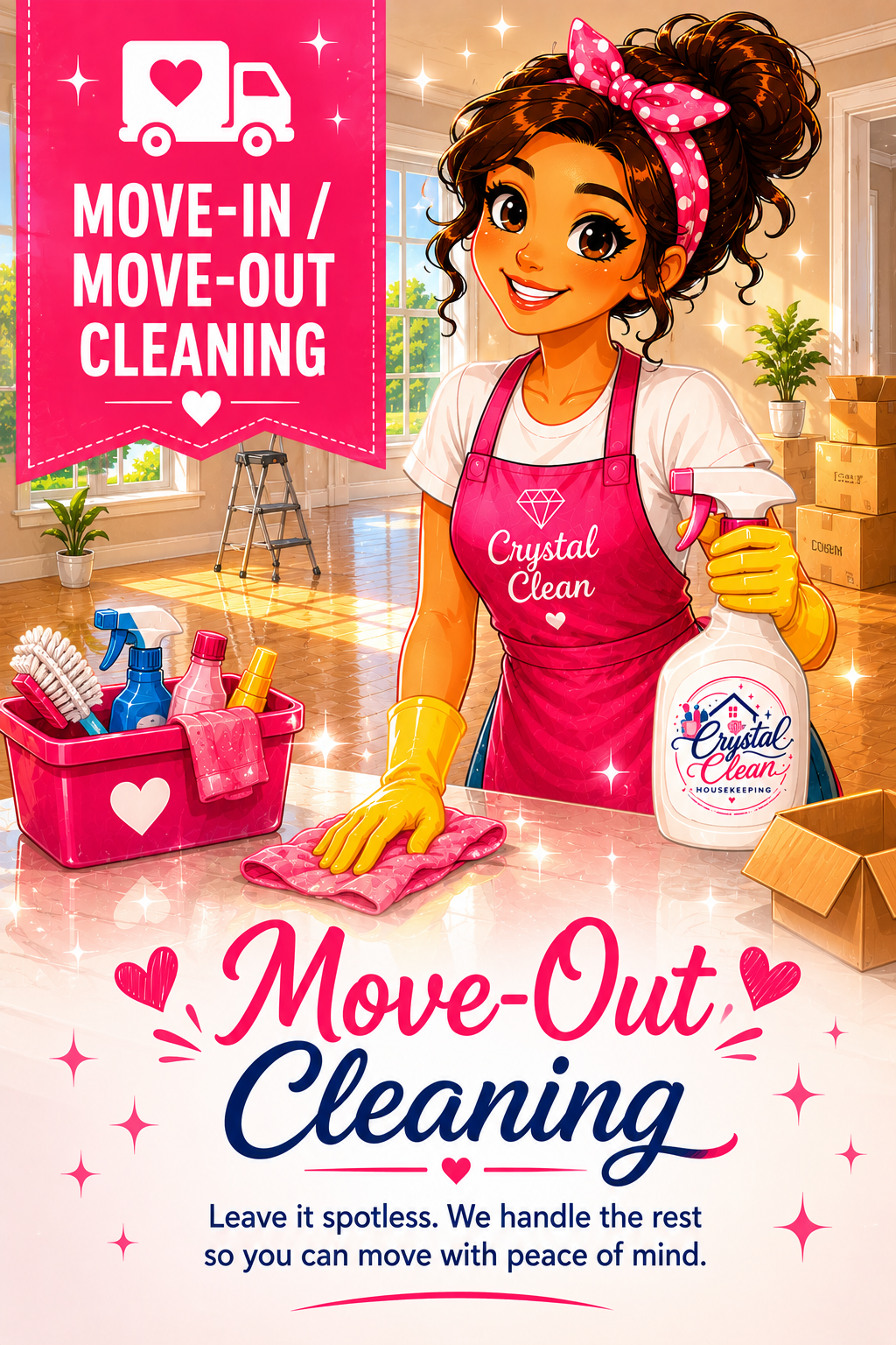 A woman in a pink apron and yellow cleaning gloves smiling and holding a spray bottle of cleaning solution in a bright, sunny room with large windows, potted plants, and moving boxes. The image promotes a move-in/move-out cleaning service called Crystal Clean Housekeeping, with cleaning supplies on the counter and a pink banner highlighting the service.