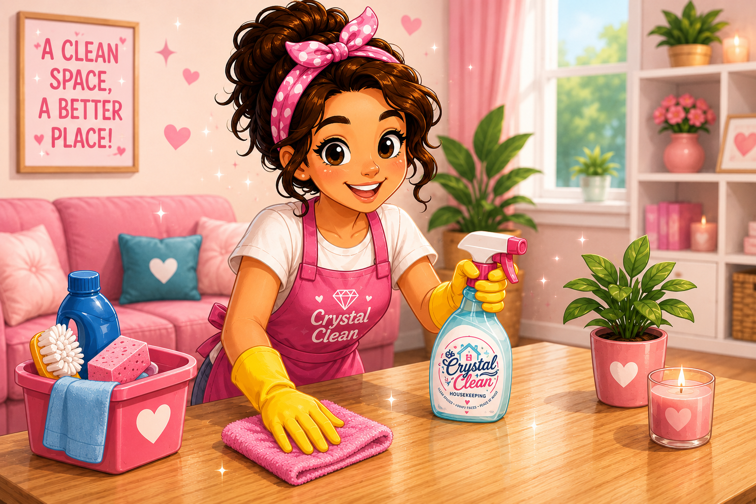A cheerful young woman with curly brown hair tied with a pink polka dot headband is cleaning a wooden table with a pink cloth. She is wearing a pink apron that says "Crystal Clean" and yellow cleaning gloves. On the table, there is a pink container with cleaning supplies, a spray bottle labeled "Crystal Clean Housekeeping," and a potted green plant. The background features a pink sofa with pink and blue pillows, a framed quote that reads "A clean space, a better place!", and a shelf with pink and green decorative items, candles, and a window with pink curtains and a view of green trees outside.