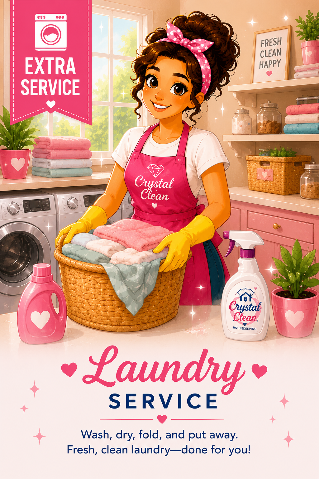 Illustration of a girl with curly hair wearing a pink polka dot headband, yellow gloves, and a pink apron labeled 'Crystal Clean'. She is holding a basket of folded laundry in a bright, cheerful laundry room with pink, white, and green décor, including a washing machine, potted plants, shelves with jars, and a sign that reads 'FRESH CLEAN HAPPY'. The image promotes laundry service, with text about wash, dry, fold, and put away.