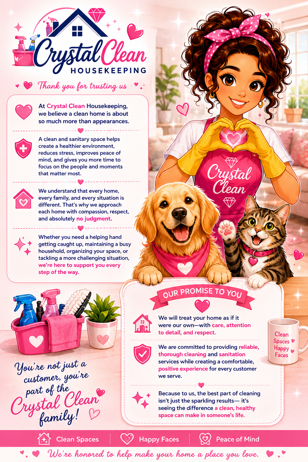 An illustration for a cleaning service called Crystal Clean Housekeeping. It features a cheerful woman with curly hair, wearing yellow gloves and a pink apron with a diamond logo, making a heart shape with her hands. She is flanked by a happy golden retriever and a black striped tabby cat, both wearing pink bandanas and collars. The background shows a bright, tidy room with plants and windows. The infographic highlights the company's values, promises, and services, emphasizing care, respect, and creating a healthy home environment.