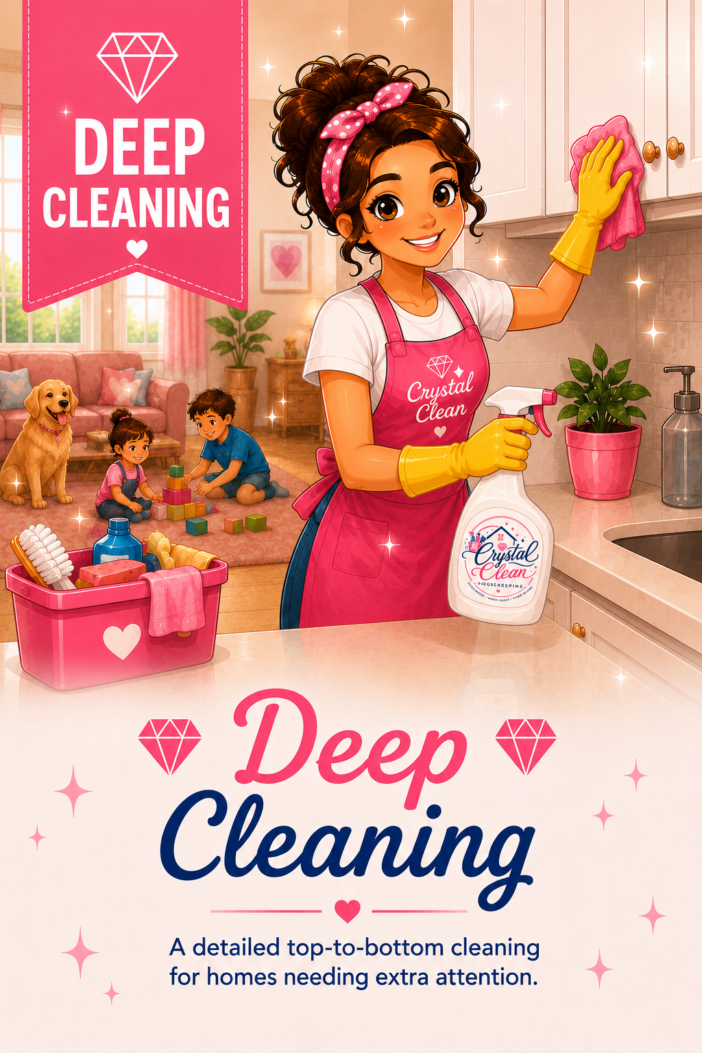 An illustrated woman with brown curly hair, wearing a pink apron and yellow cleaning gloves, is cleaning kitchen cabinets. In the background, two children and a dog are playing with building blocks in a cozy living room. The scene includes a pink heart and diamond motif, with a banner reading 'Deep Cleaning' and text about detailed cleaning for homes.