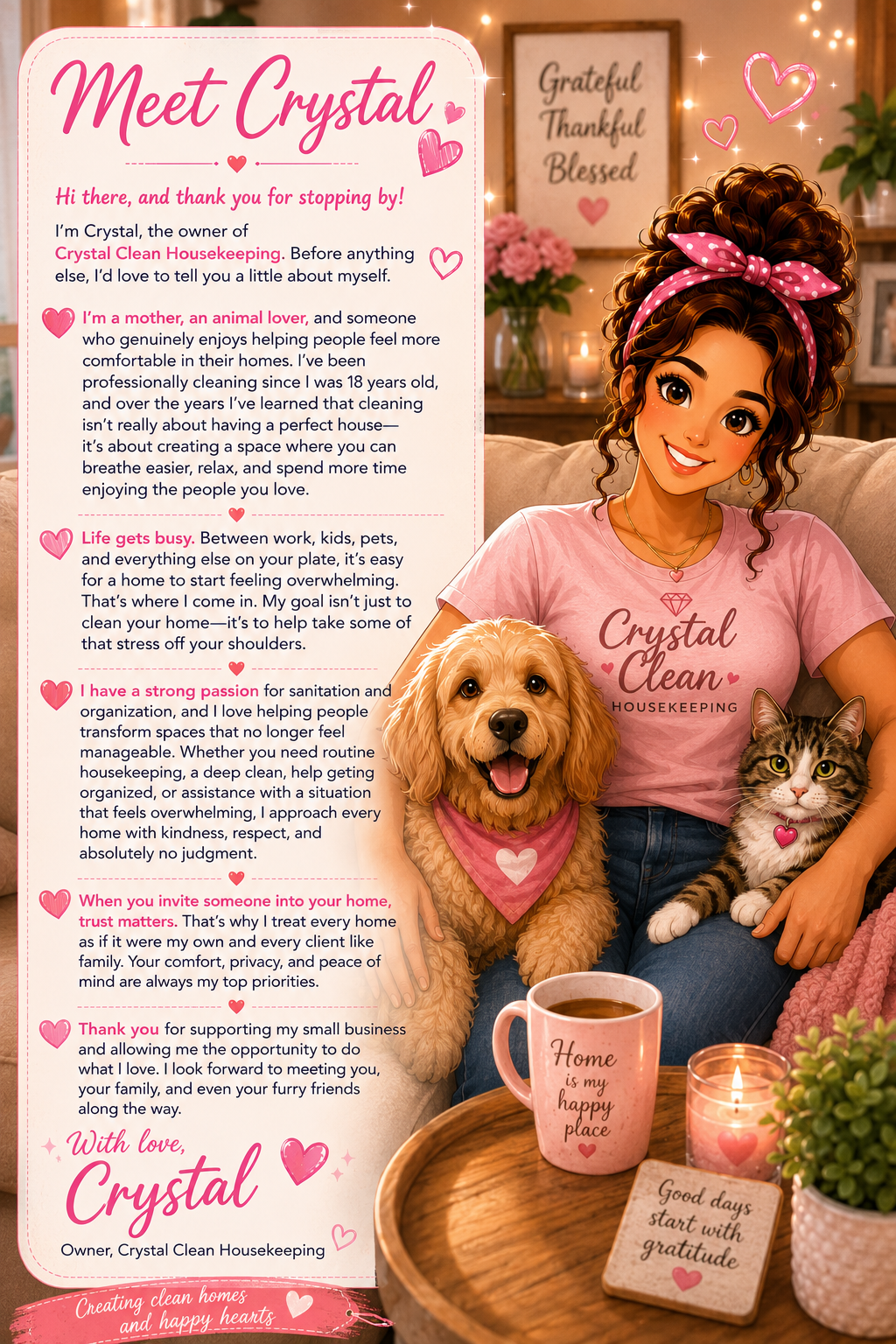 A woman with curly hair and a pink polka dot headband sitting on a cozy couch, holding a cute dog and a cat, surrounded by candles, a mug, and decorative plants. The background features inspirational framed art and string lights.