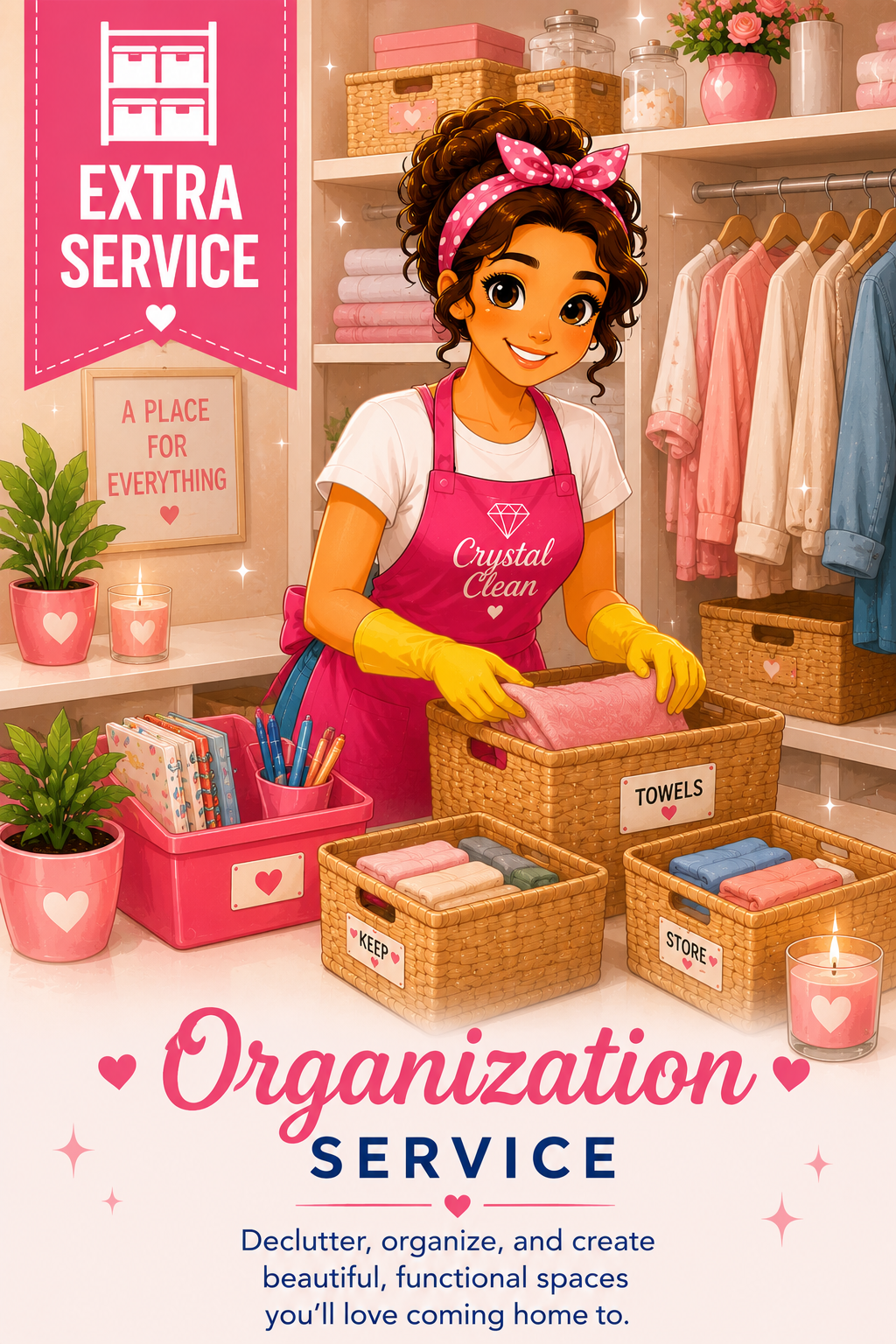 A smiling woman with curly hair wearing a pink apron and yellow gloves organizing towels in a closet with shelves and hanging clothes, surrounded by pink and white decor.