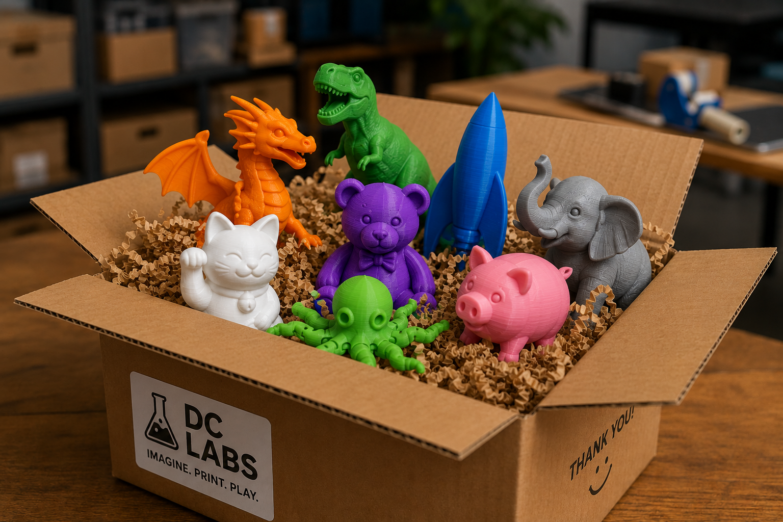 Custom toys manufactured and packaged by DC Labs MFG using American-made additive manufacturing and 3D printing technology.  Box of colorful custom 3D printed toys and collectibles ready for shipping.