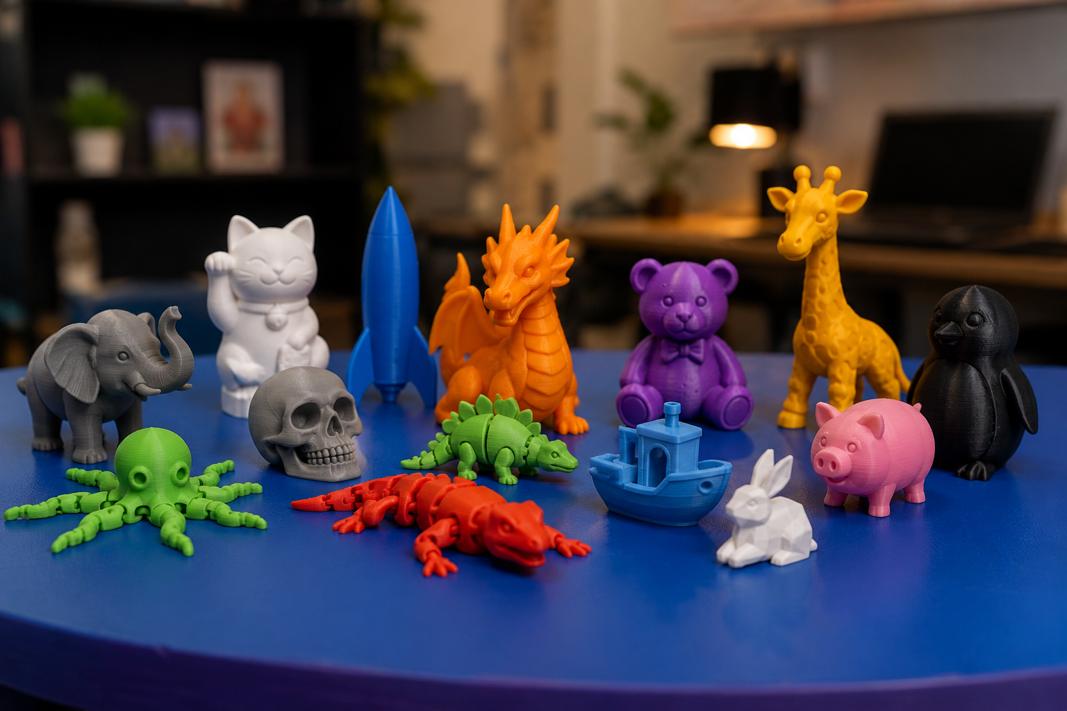 Colorful 3D printed toys and collectibles displayed on a tabletop, including a collection of colorful 3D printed toys and collectibles, including animals, fantasy creatures, vehicles, and articulated. Custom toys manufactured by DC Labs MFG