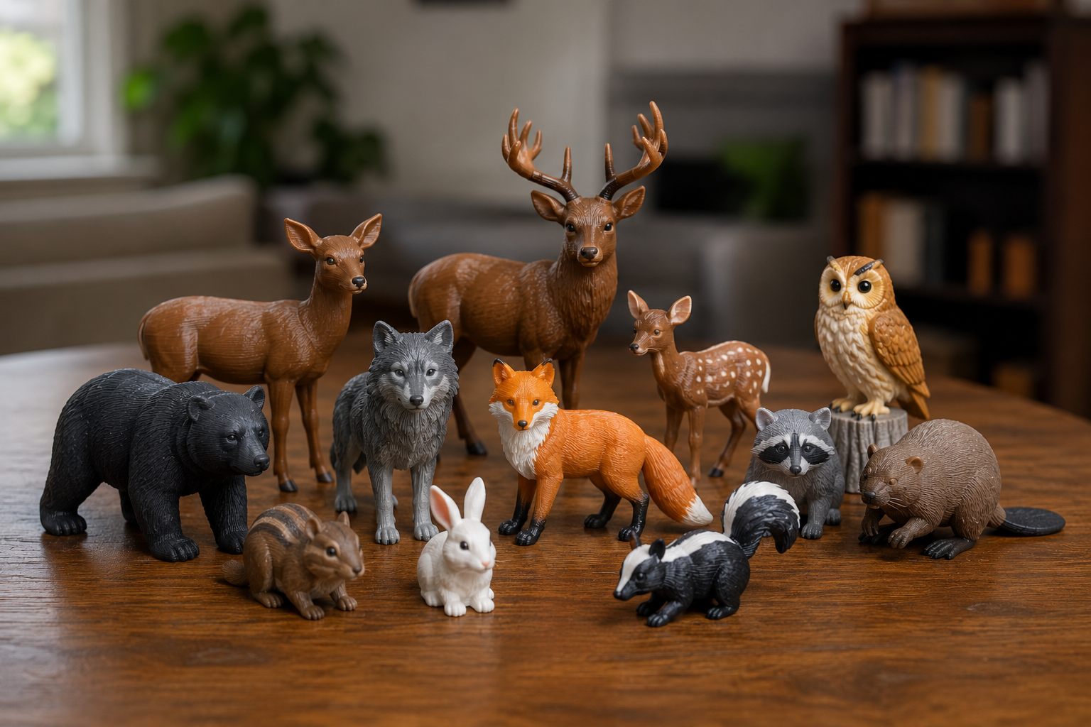 Collection of colorful 3D printed forest animal toys including deer, bear, wolf, fox, owl, rabbit, raccoon, skunk, and beaver displayed on a wooden tabletop. Made-in-USA toy prototypes designed by DC Labs MFG for custom toy manufacturing