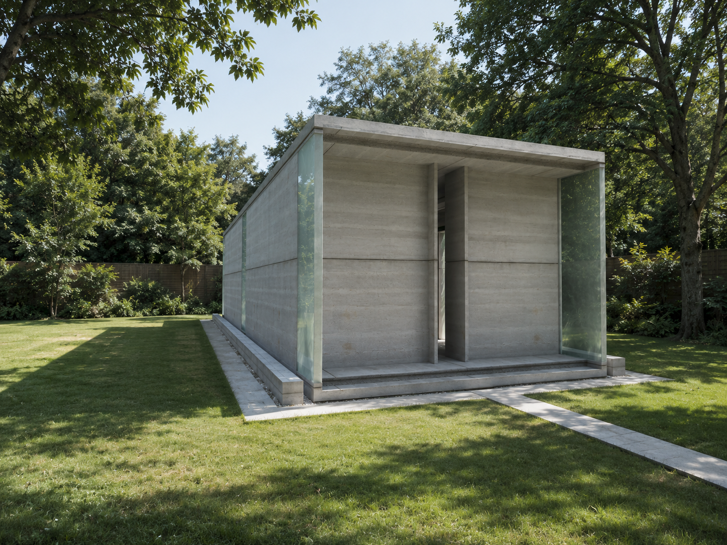 Moderne kleine Betonkonstruktion mit Glaswänden in einem Garten mit grünen Bäumen und Rasen.