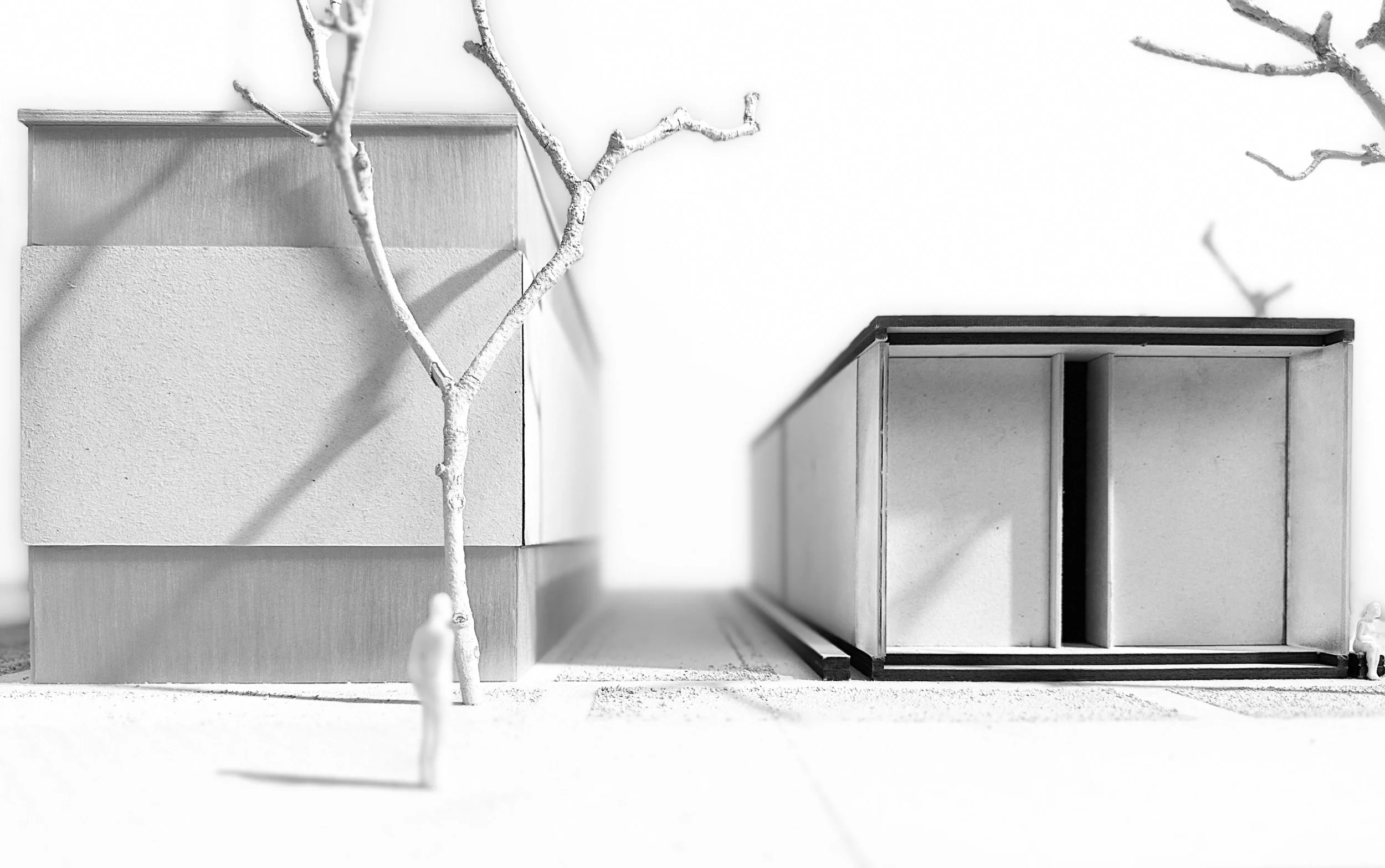 Schwarz-weiße Modellarchitektur mit minimalistischem Design, modularen Würfeln, leeren Kästen und dünnen Bäumen im Vordergrund.