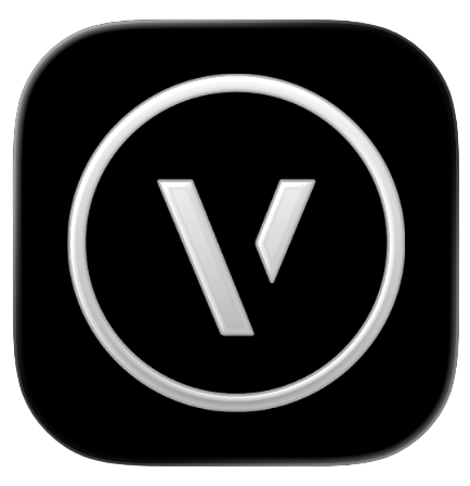 App-Symbol mit einem weißen V in einem Kreis auf schwarzem Hintergrund.