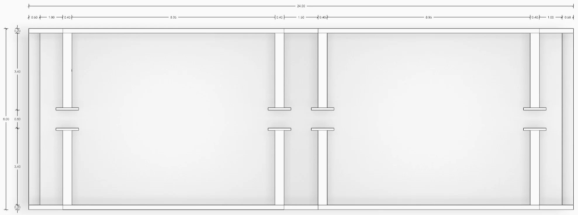 Technischer Konstruktionsplan eines rechteckigen Gebäudes mit Maßen und Stützpfeilern.