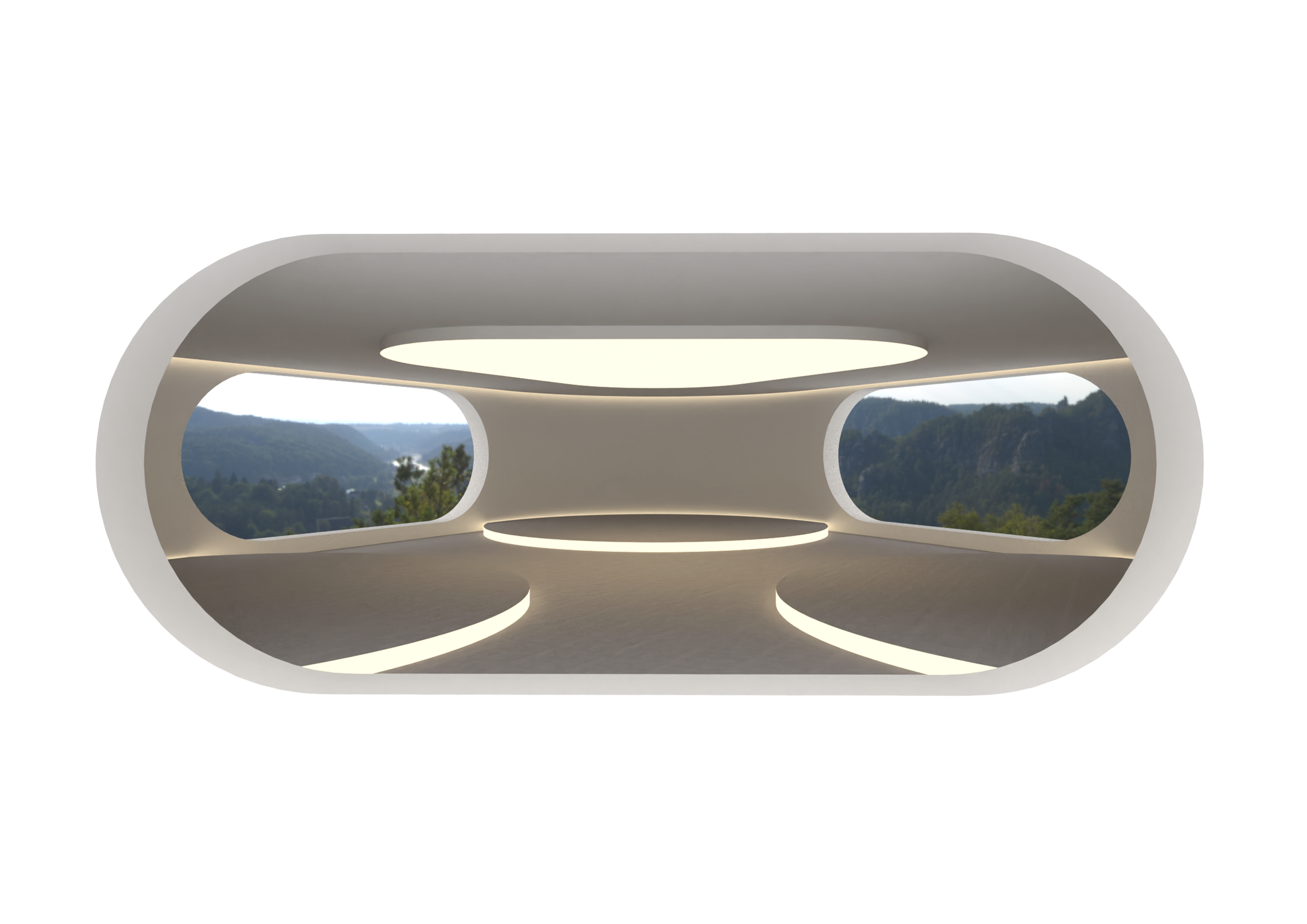 Moderner Raum mit großen Fensterflächen, bietet einen Blick auf eine bergige Landschaft, mit minimalistischer Gestaltung und Deckenlicht