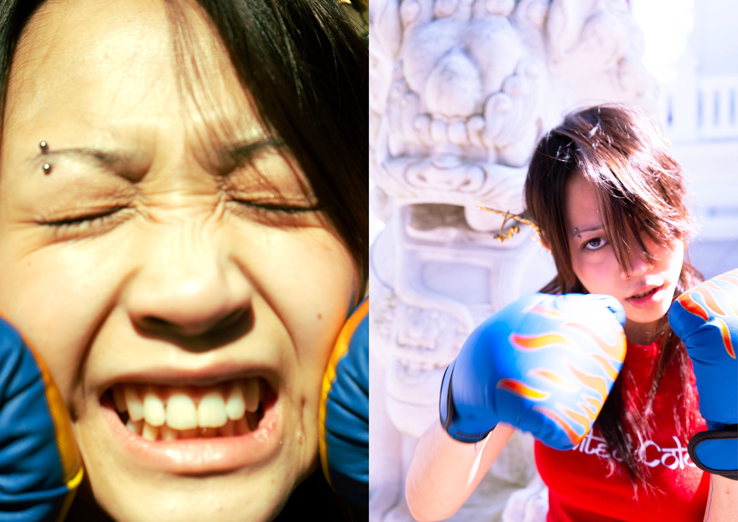 A split image showing two children playing joyfully outside. The left side features a close-up of a smiling Asian girl with dark hair and a dermal piercing, wearing a blue jacket. The right side shows a girl with reddish-brown hair, wearing a colorful jacket, near a white ornate stone sculpture with a lion's face, in a sunny outdoor setting.