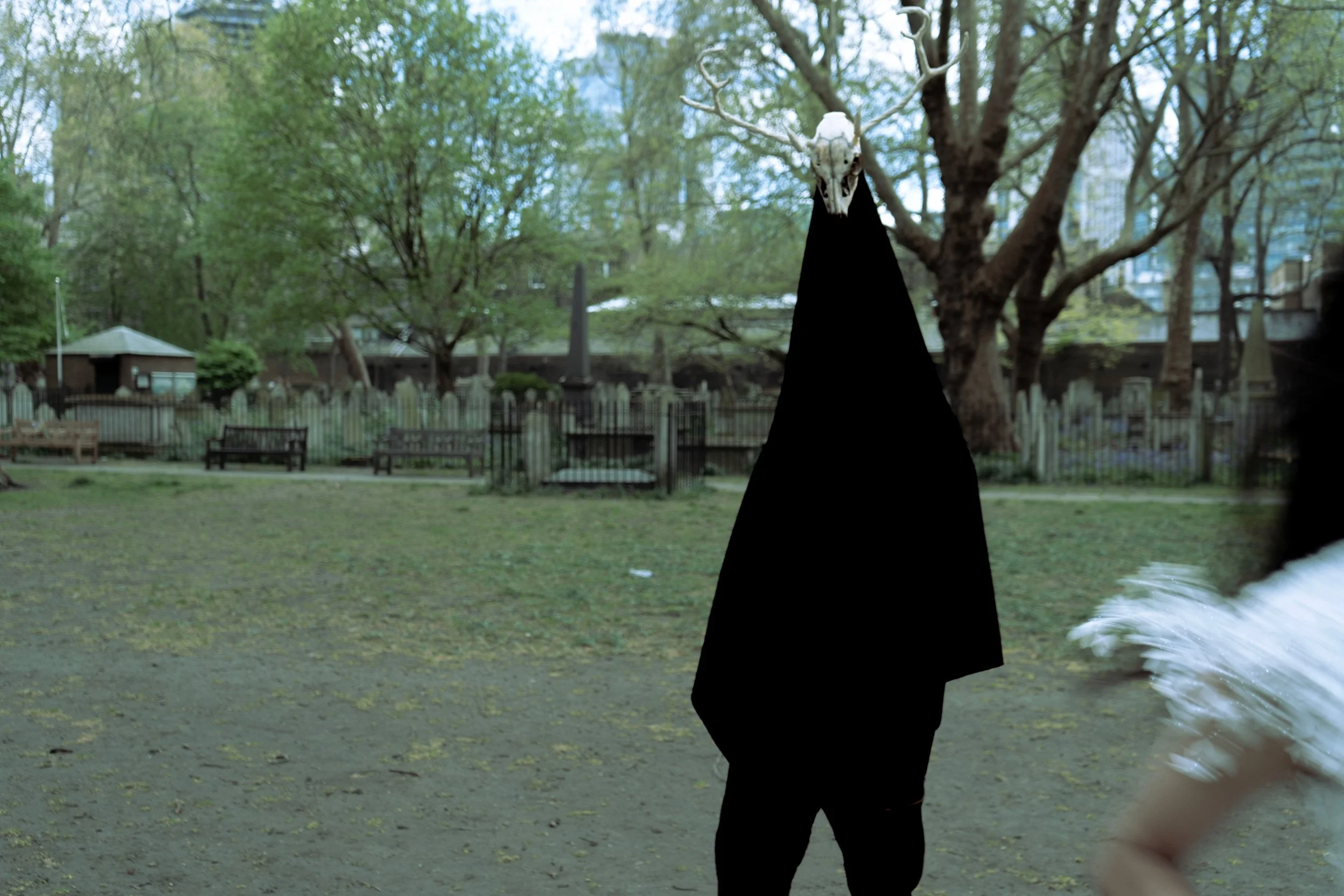 A person standing outdoors in a park with trees and benches, wearing a black hooded cloak with a skull mask resembling a deer skull with antlers.