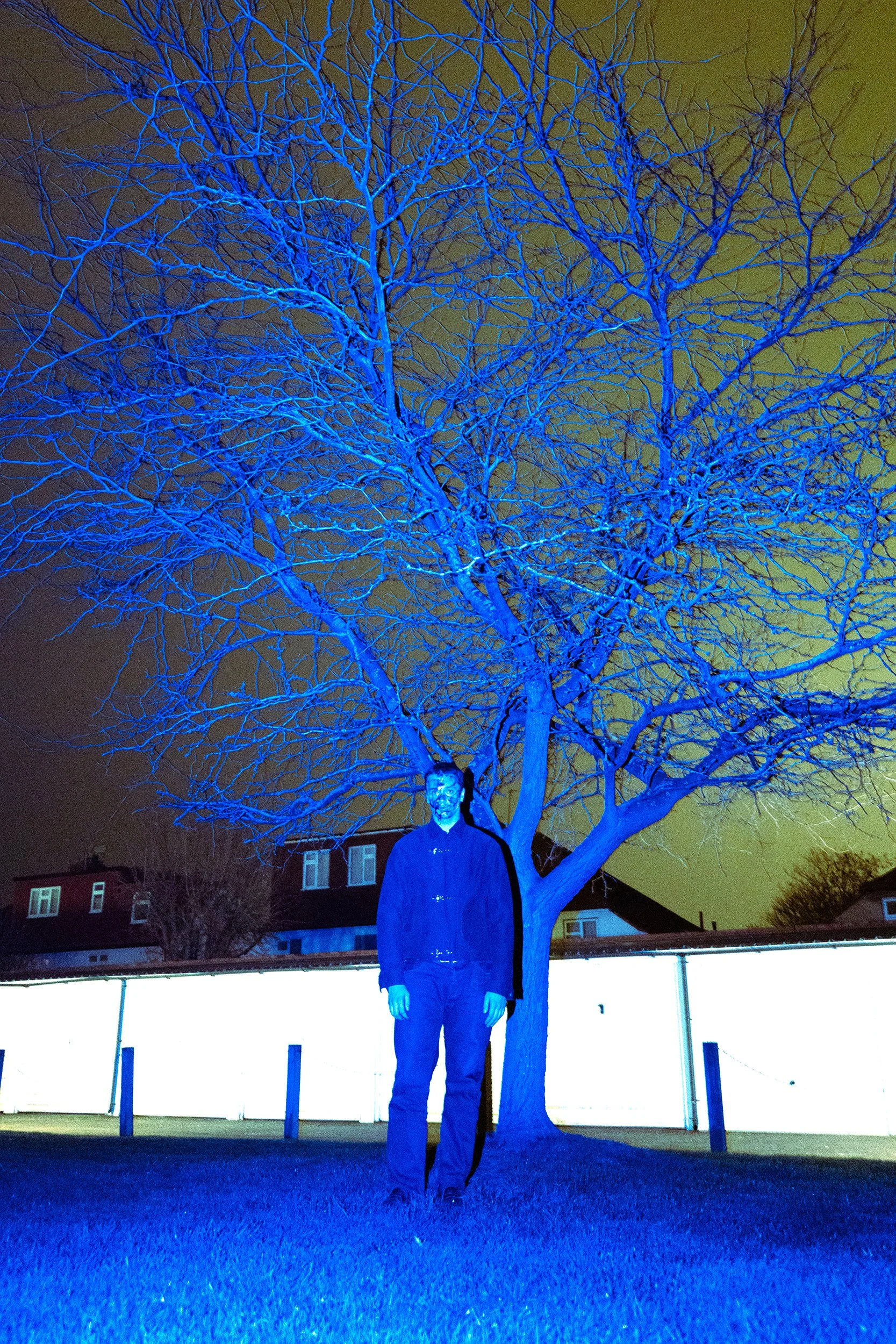 A man standing outdoors at night in front of a leafless tree illuminated by blue lights, with houses in the background and a white fence along the yard.