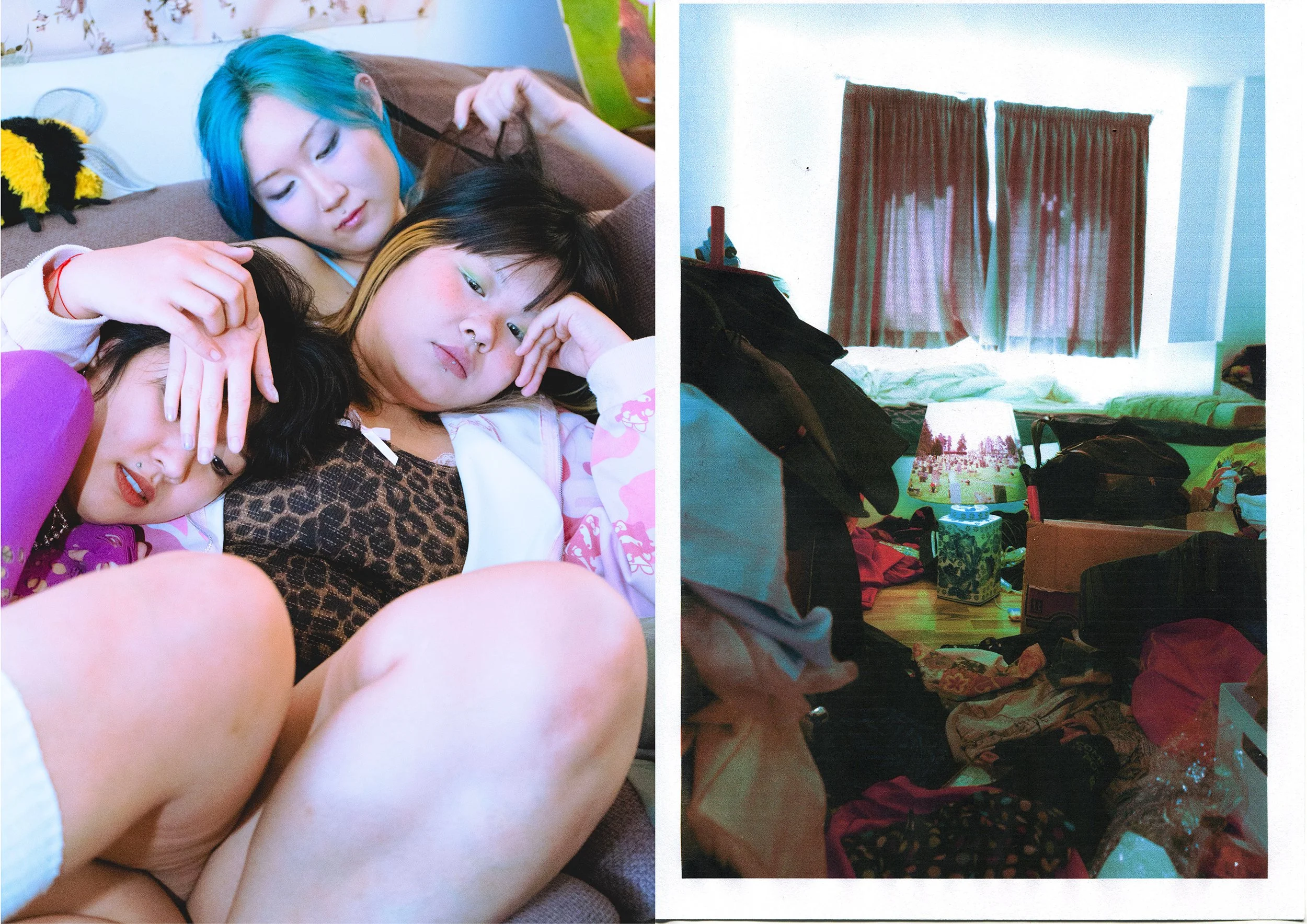 Left side shows three young women lying on a couch, one with bright blue hair, one with black hair with a blonde streak, and one with brown hair, all appearing relaxed. The right side reveals a messy room with piles of clothes, various items, and a window with red curtains.