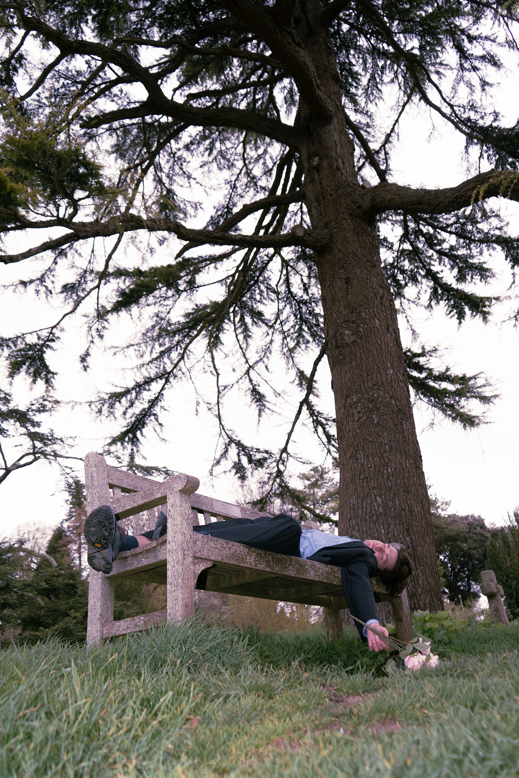 A person lying on a bench under a large tree in a park, holding flowers. The person is dressed in dark clothing and is positioned with their eyes closed. There are some clouds in the sky behind the tree.