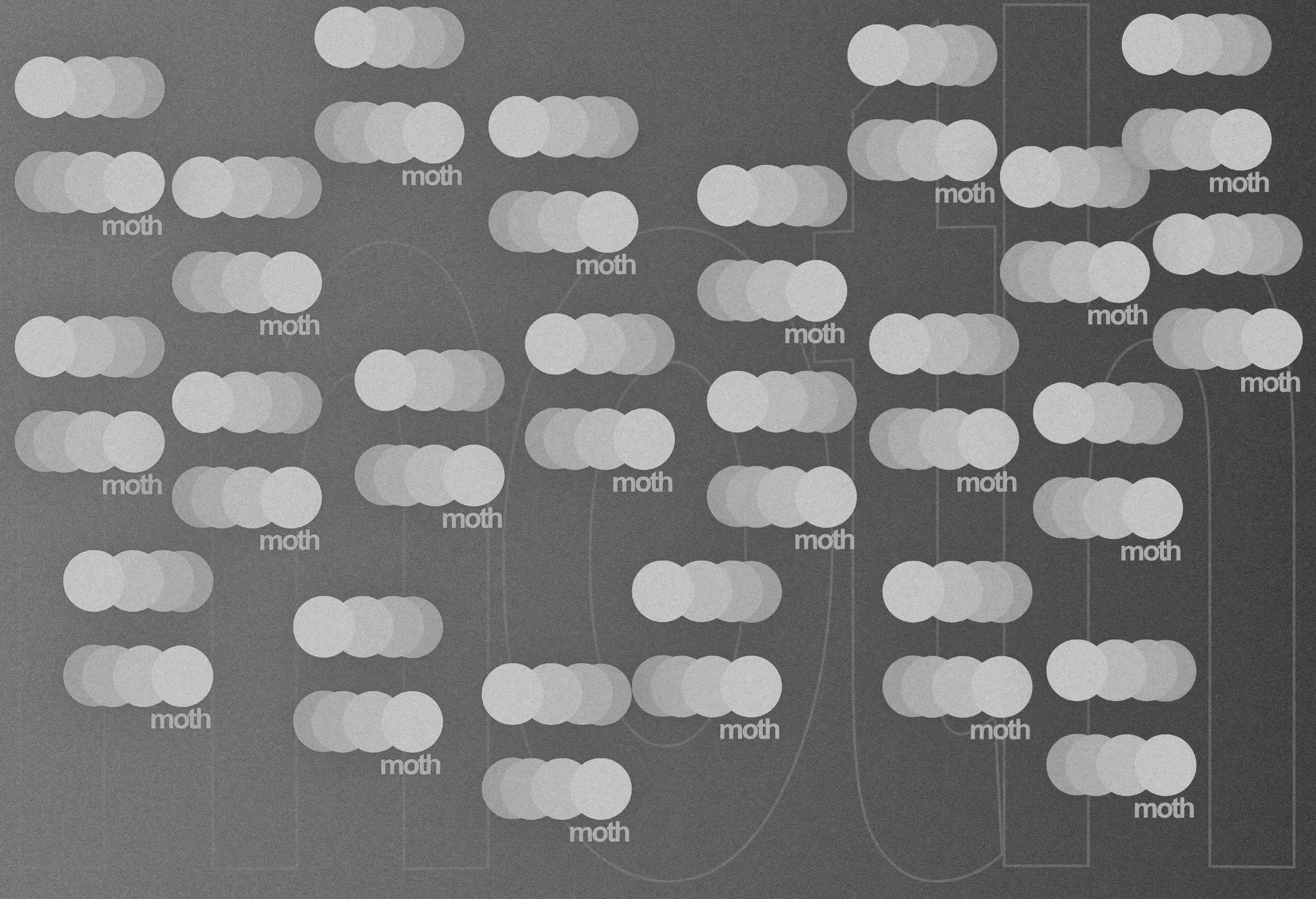 Gray diagram with multiple clusters of white circles labeled 'moth' underneath each cluster.