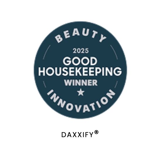 A circular badge that reads 'Beauty Innovation 2025 Good Housekeeping Winner' with a star in the center and the word DAXXIFY® below.