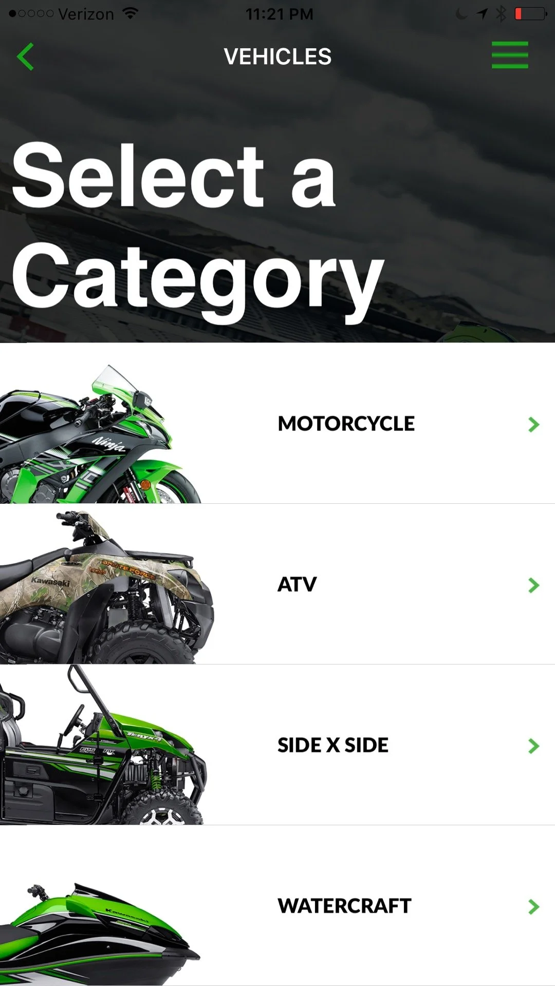 Mobile app screen showing a vehicle selection menu with categories for motorcycle, ATV, side X side, and watercraft.