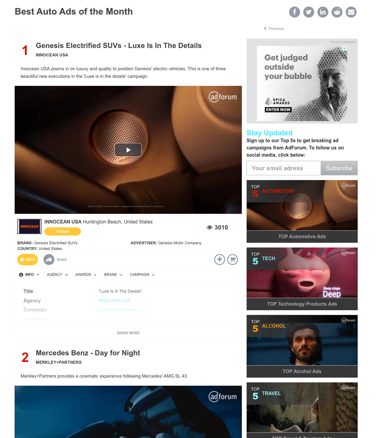 A screenshot of a webpage showing the 'Best Auto Ads of the Month' with three top ads listed. The first ad is for Genesis Electrified SUVs titled 'Luxe Is In The Details,' featuring a close-up of a car speaker, with options to follow the campaign, se