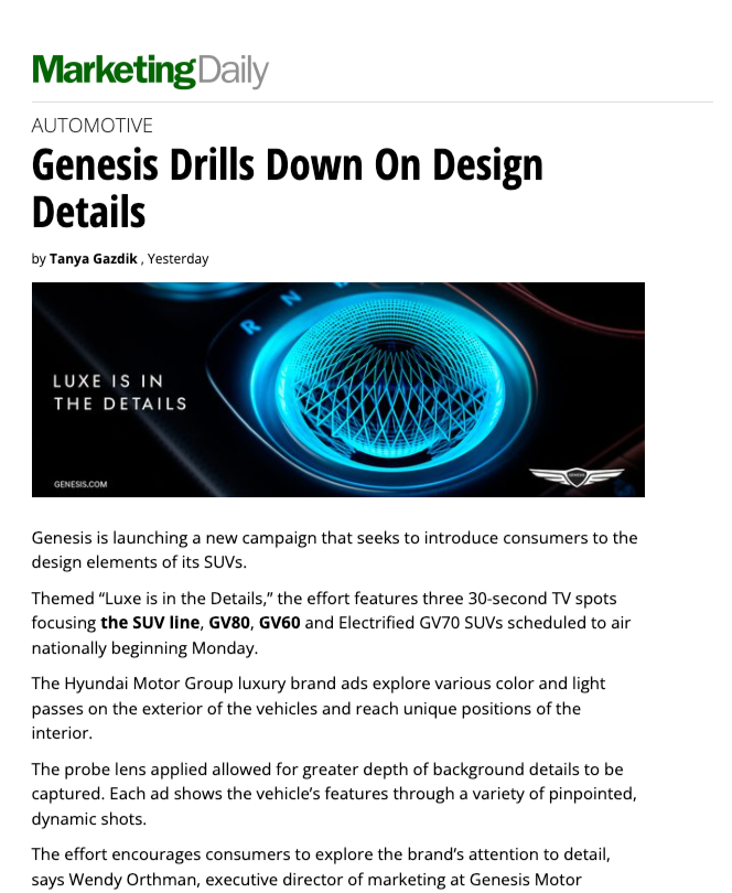 Screenshot of an online article titled 'Genesis Drills Down On Design Details' from Marketing Daily, featuring a blue digital graphic resembling a car's interior control panel and the Genesis logo, discussing Hyundai's new SUV campaign.
