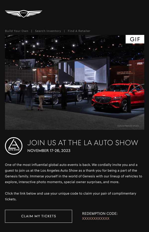 Invitation to the LA Auto Show, November 17-26, 2023, featuring exhibition of Genesis vehicles including a black luxury car and a red SUV at an auto show venue with attendees.