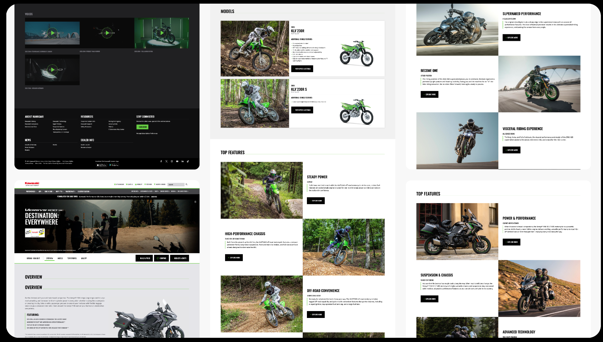 Multiple images of Kawasaki motorcycles and bikes, including off-road dirt bikes and sport bikes, with descriptions of features and performance in a digital presentation or website layout.