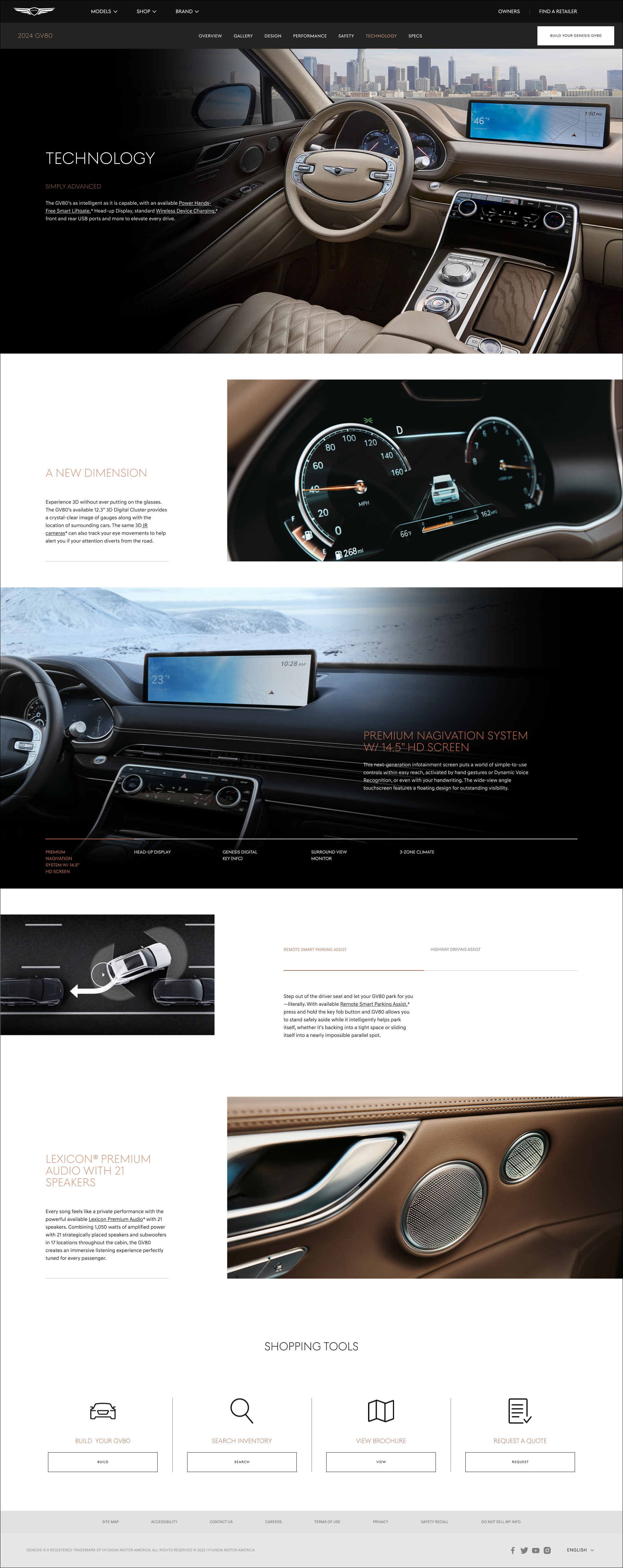 Web page showcasing advanced features of a 2024 Genesis GV80, including interior technology, digital instruments, premium navigation system, and audio system, with images of the car's dashboard and controls.