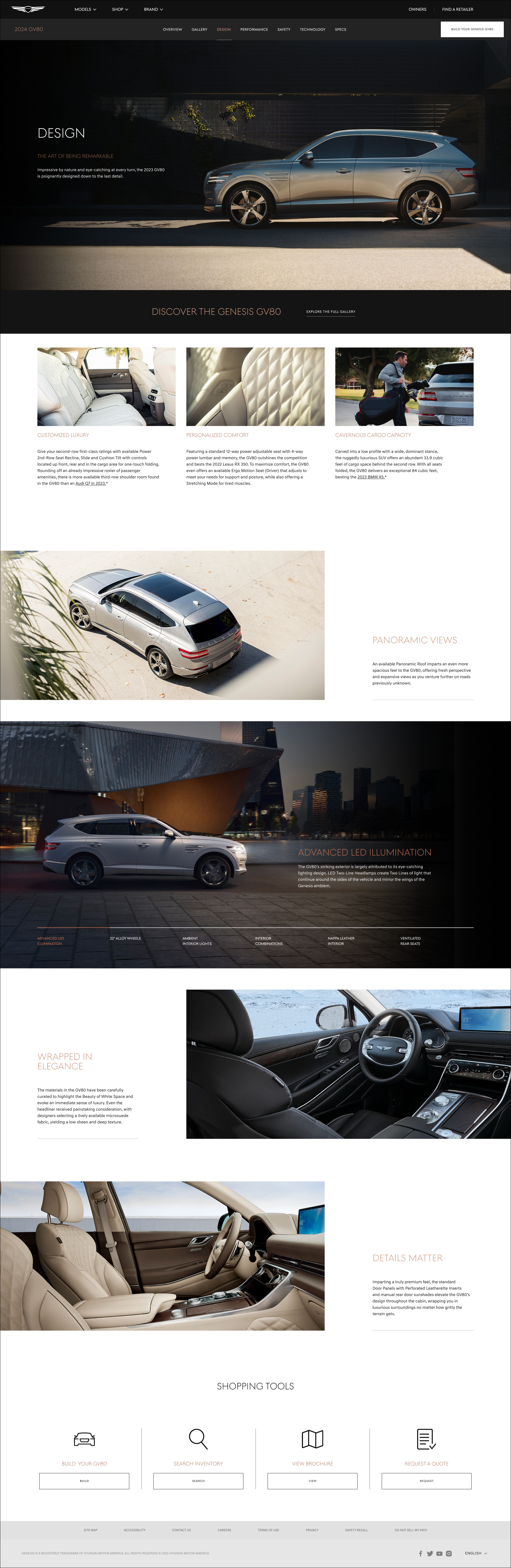 Webpage featuring a silver Genesis GV80 SUV, showcasing interior luxury, panoramic views, LED lighting, and elegant design details.