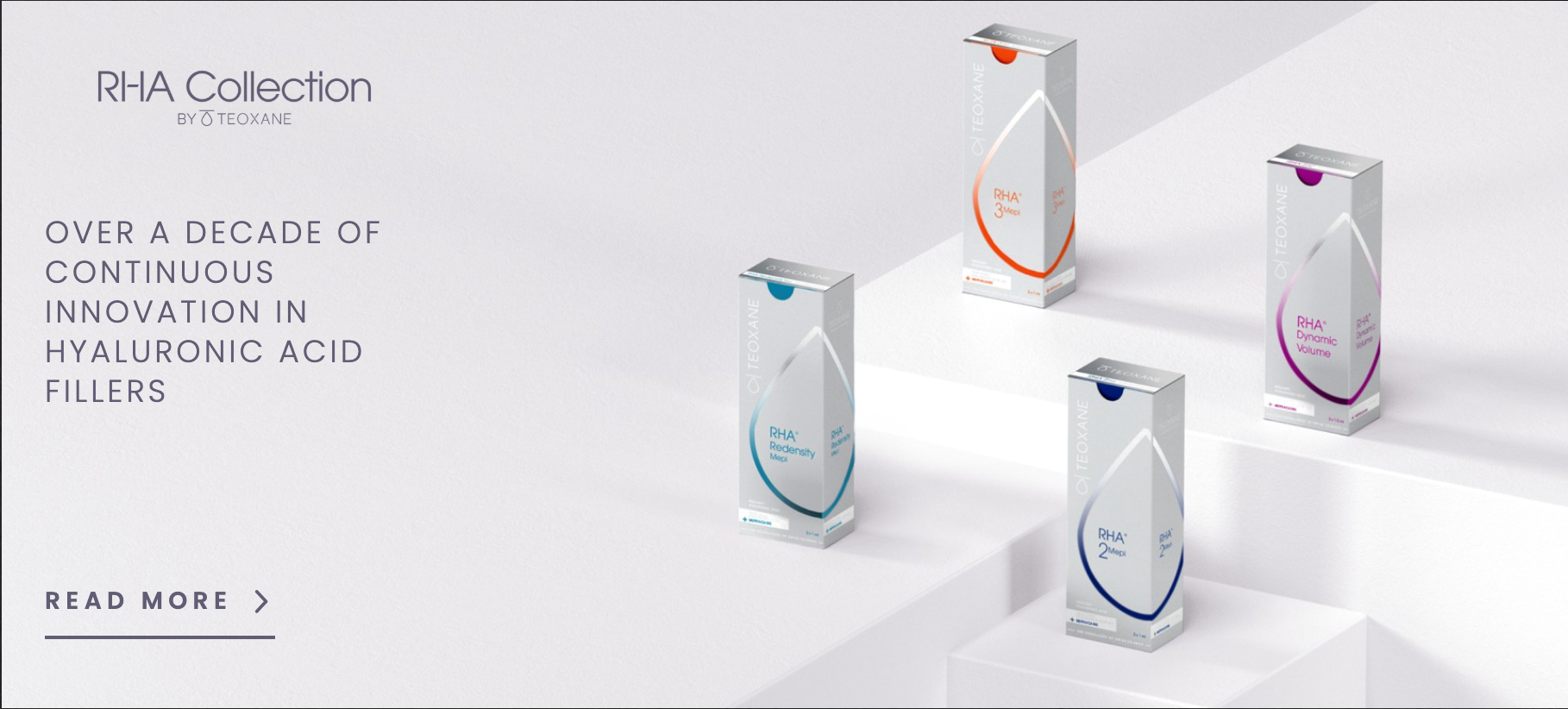Display of four skincare product boxes from Teoxane's RHA Collection, including products labeled RHA Redensity, RHA 2, RHA 3, and RHA Dynamic Volume, on a minimalist white background