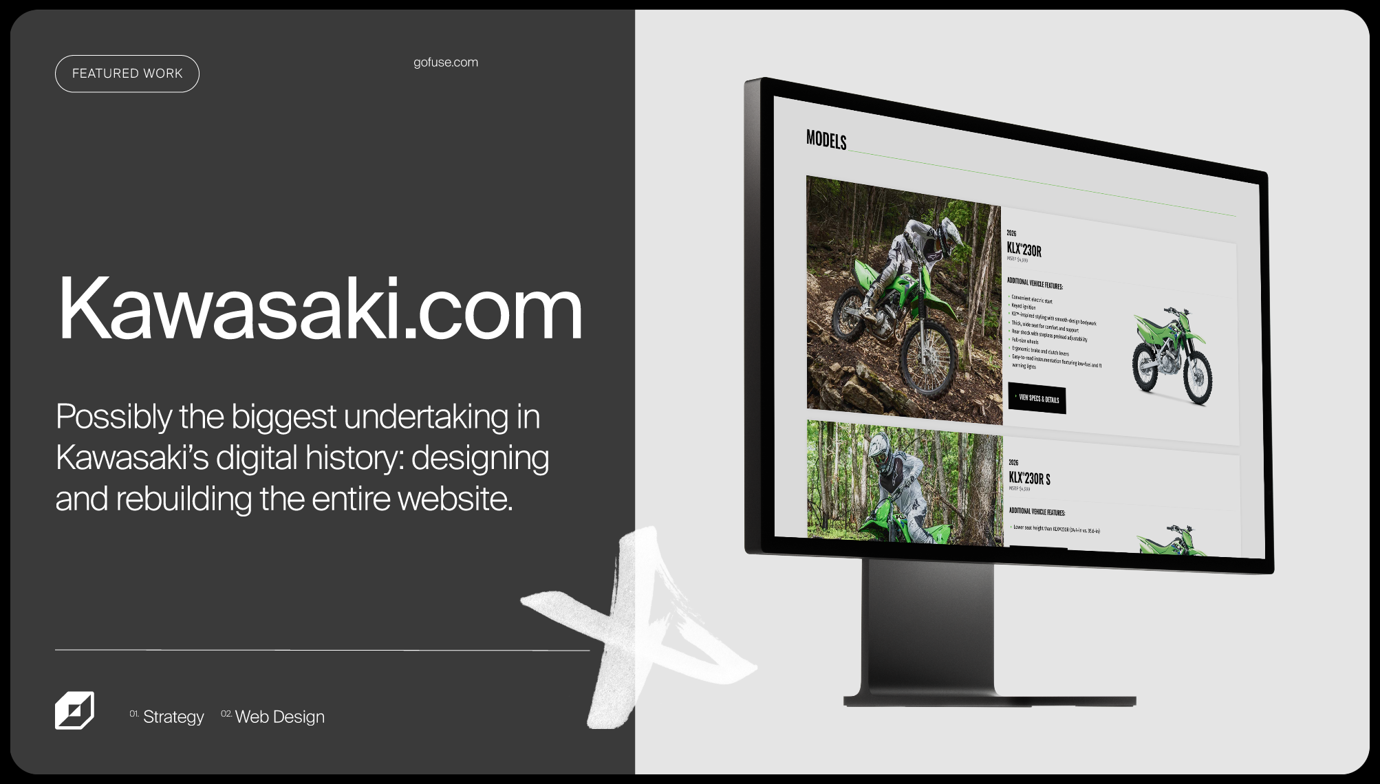 A computer monitor displaying a webpage about Kawasaki motorcycles, showing images of motocross bikes and riders in forest settings, with text describing different motorcycle models and features.