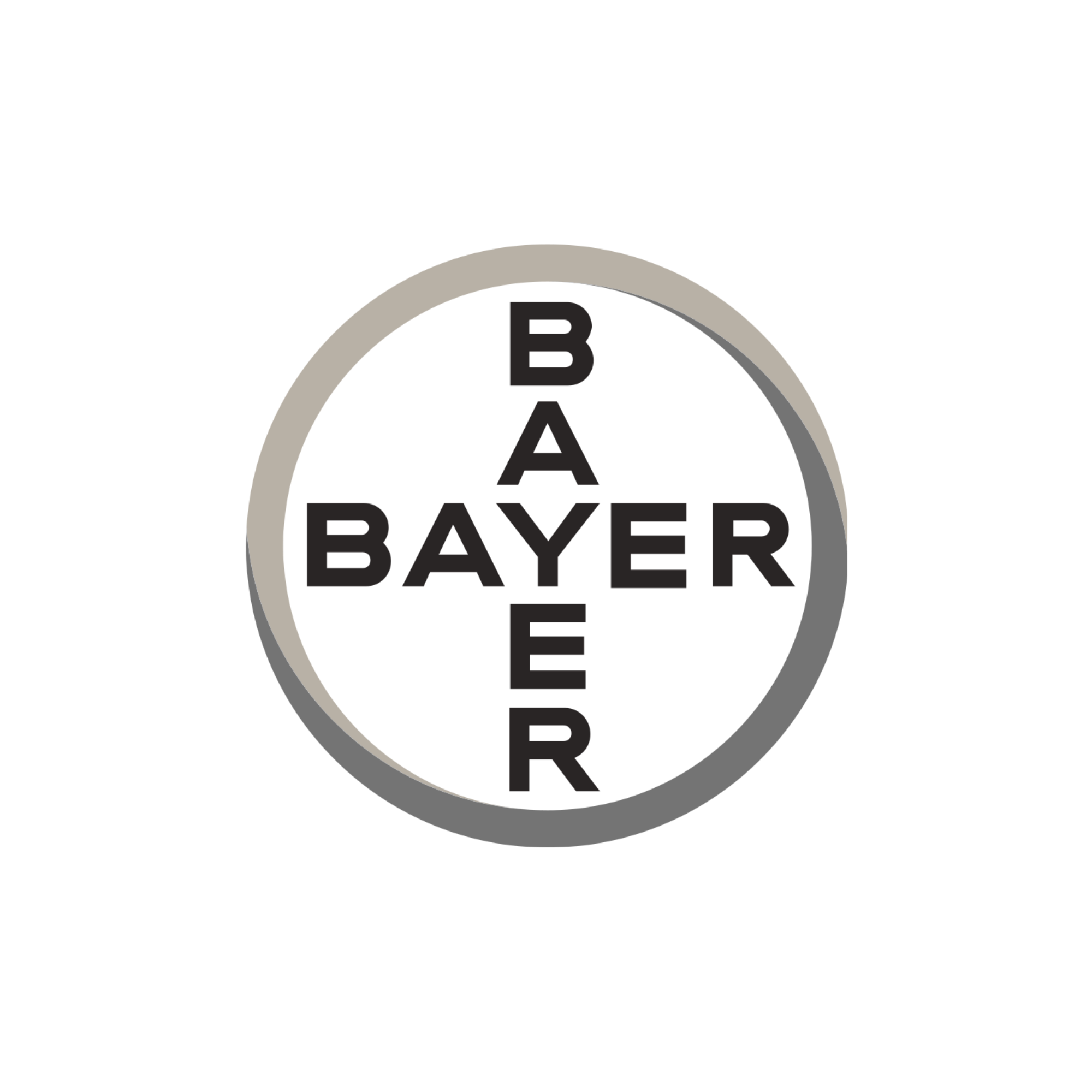 A circular logo with the word "BAYER" in the center, surrounded by a gray border and a black background.