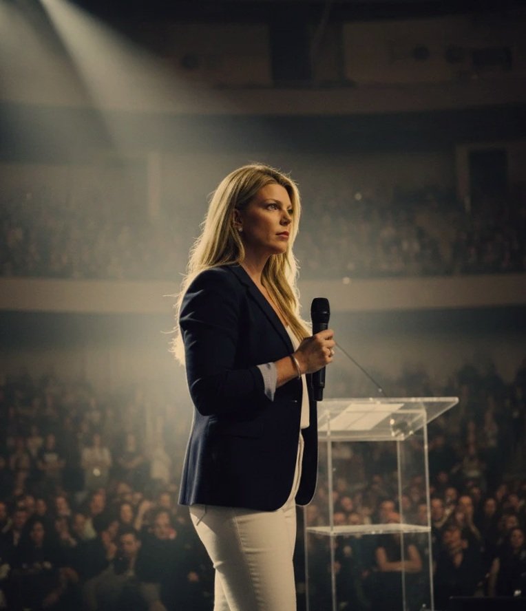 Jackie Phichith. A woman in a navy blazer and white pants stands on stage holding a microphone, addressing a large audience in an auditorium.