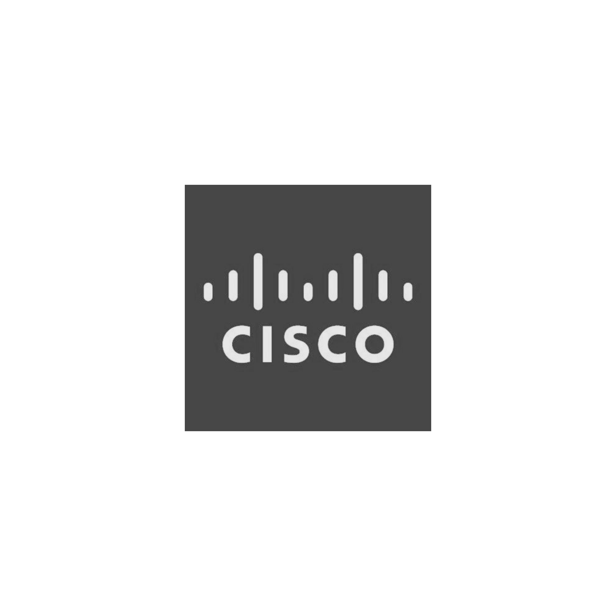 Cisco logo with a black background, featuring white vertical bars on a gray rectangular background above the word 'CISCO'.