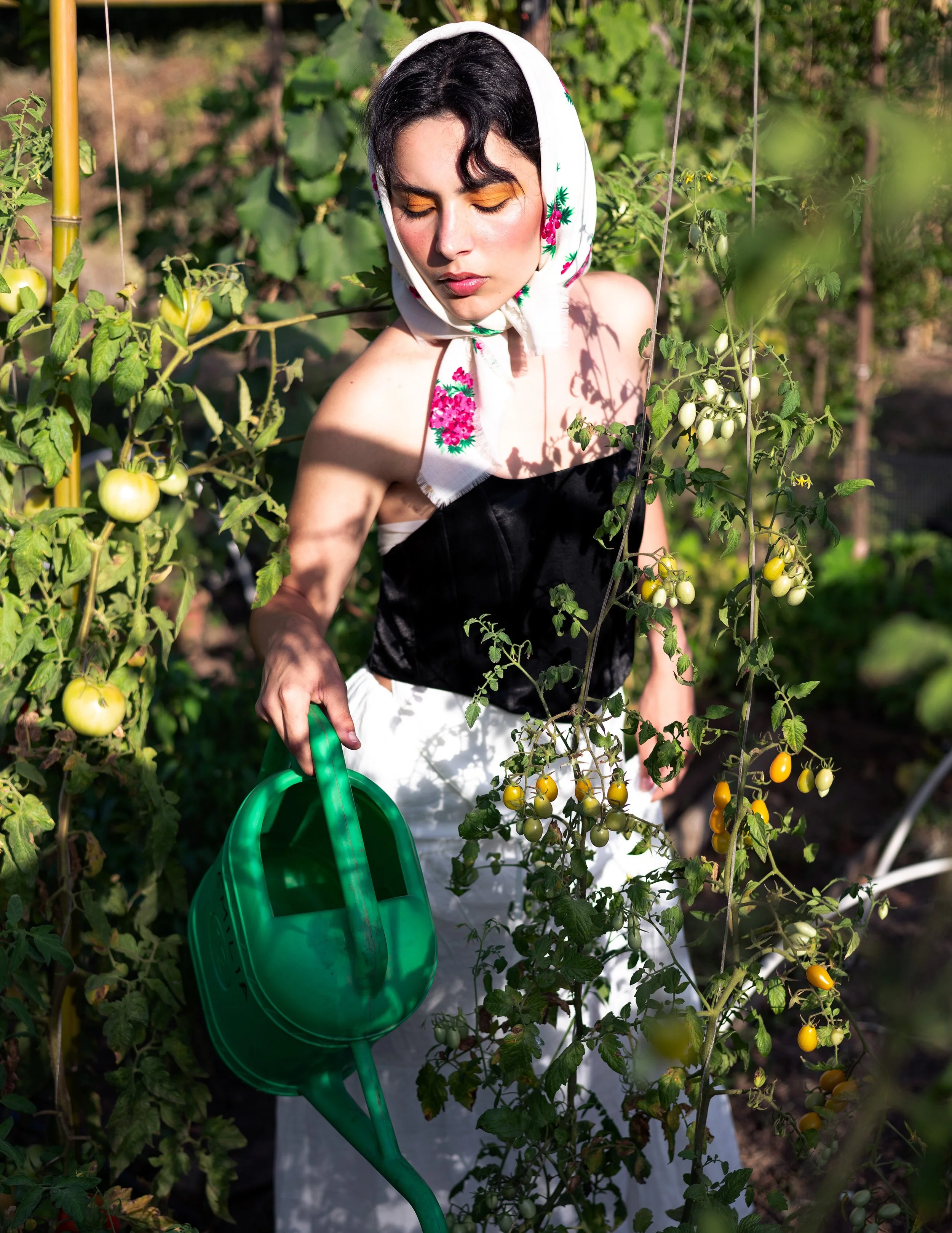 Una donna con un foulard bianco con fiori rosa e verde, che raccoglie pomodori nel suo orto.